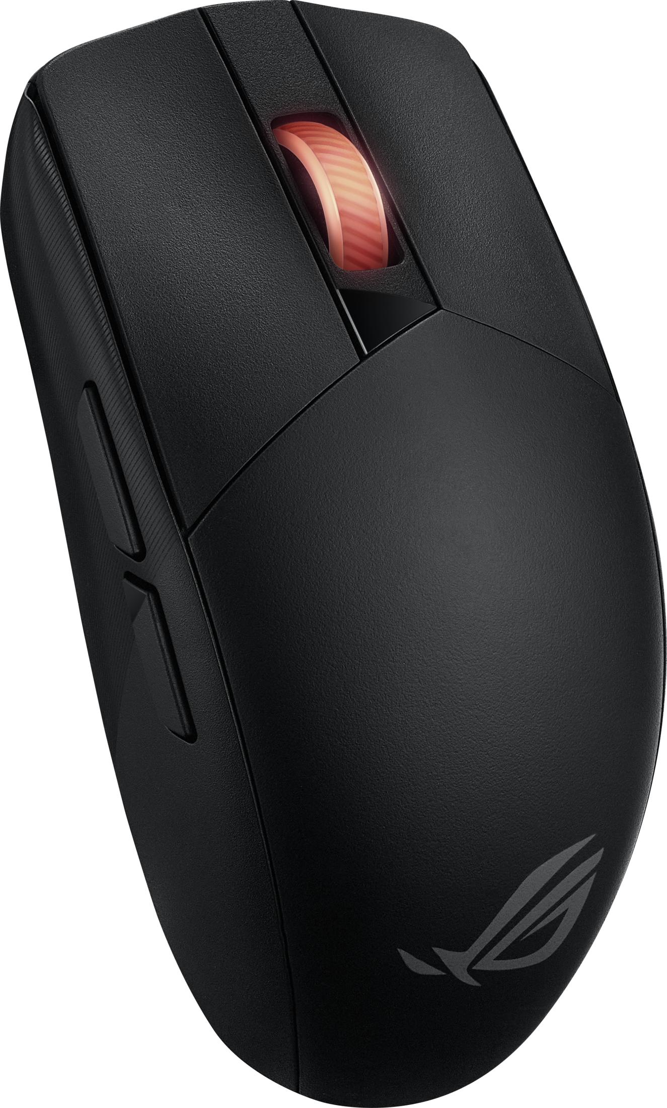 Ratón gaming negro con rueda de desplazamiento roja iluminada y logo ROG.