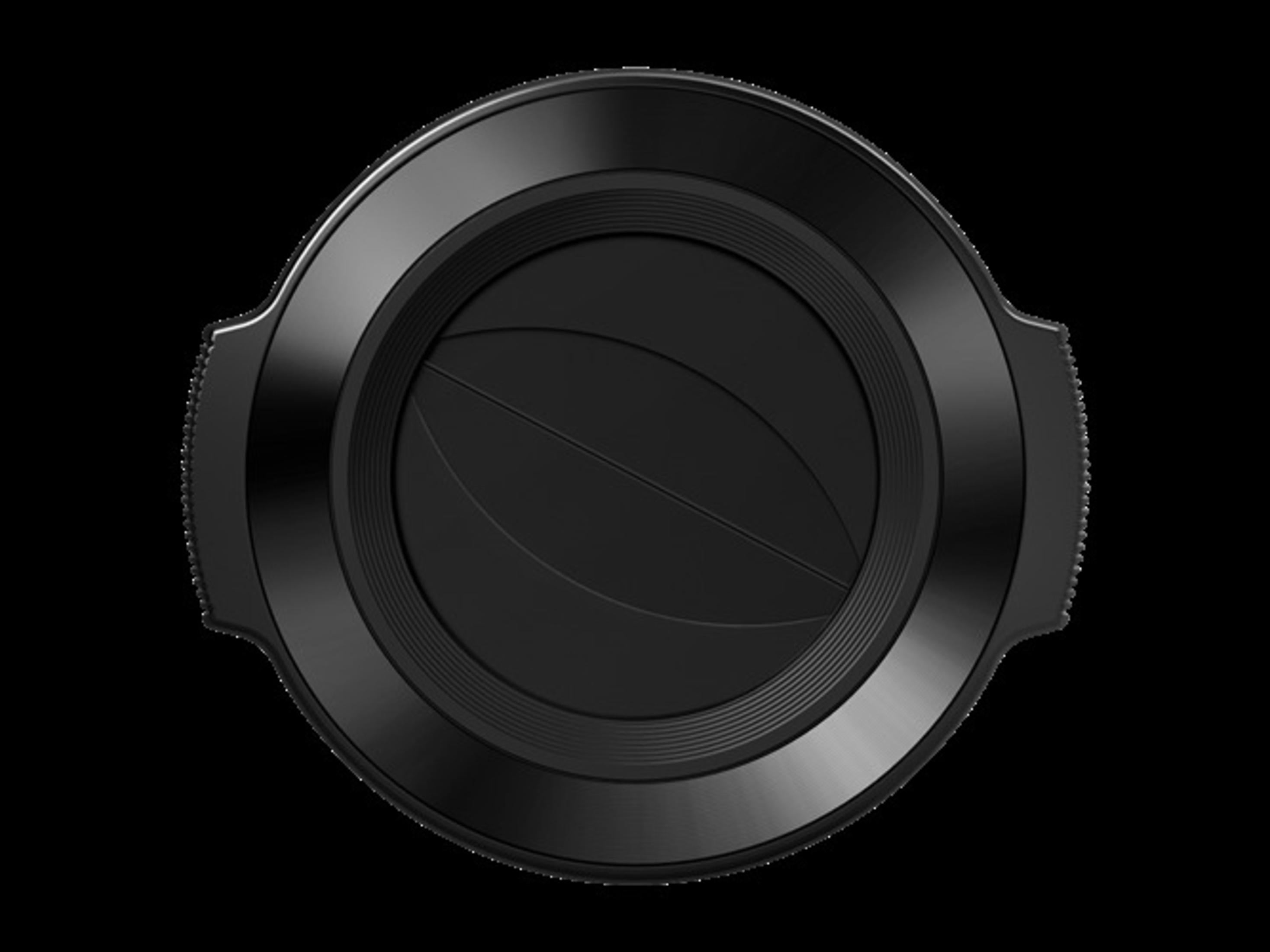 Eine schwarze Objektivkappe mit Lamellen und Rillen.