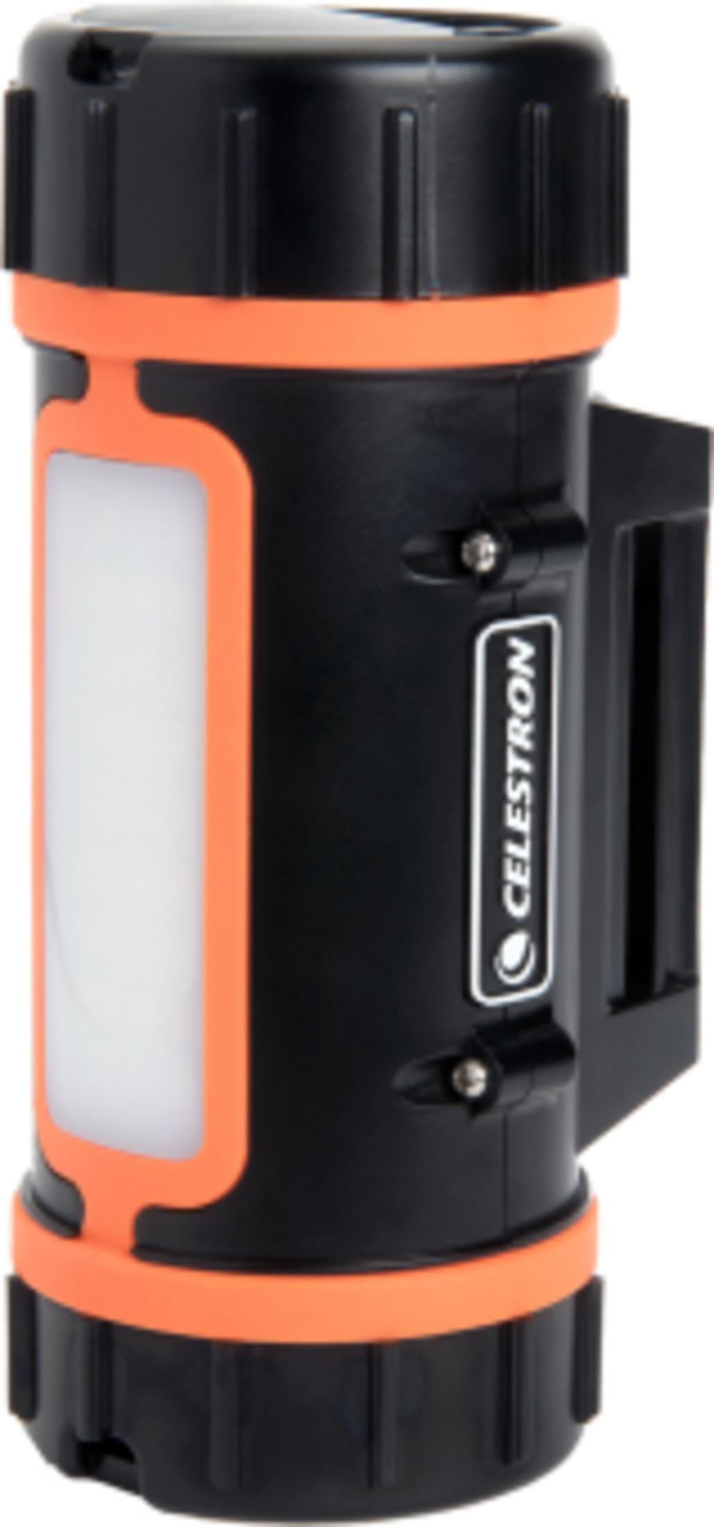 Lampe torche noire avec accents orange et poignée.