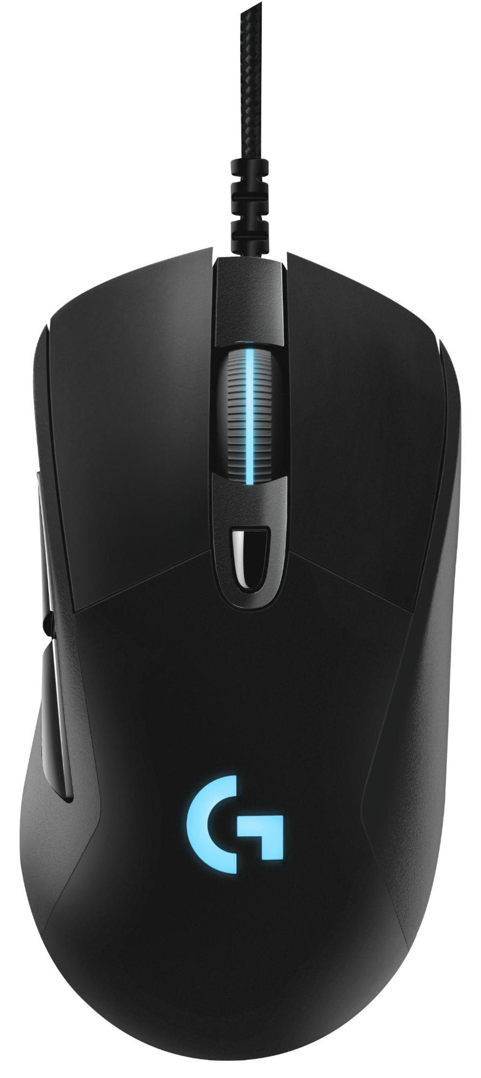 Mouse gaming nero con logo G e rotellina illuminati di blu.