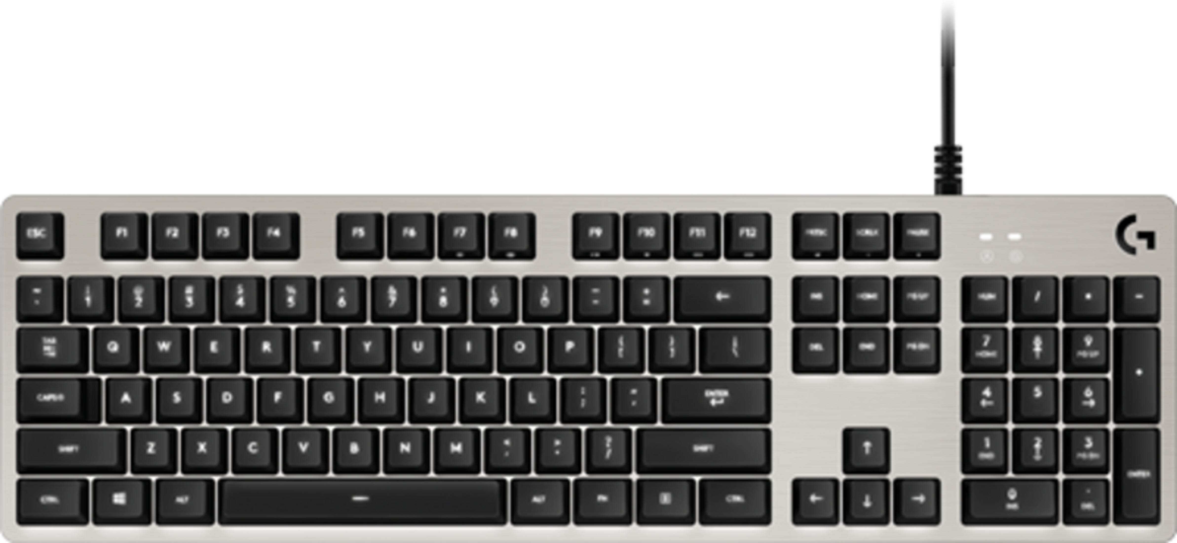 Eine silberne Tastatur mit schwarzen Tasten und einem schwarzen Kabel.