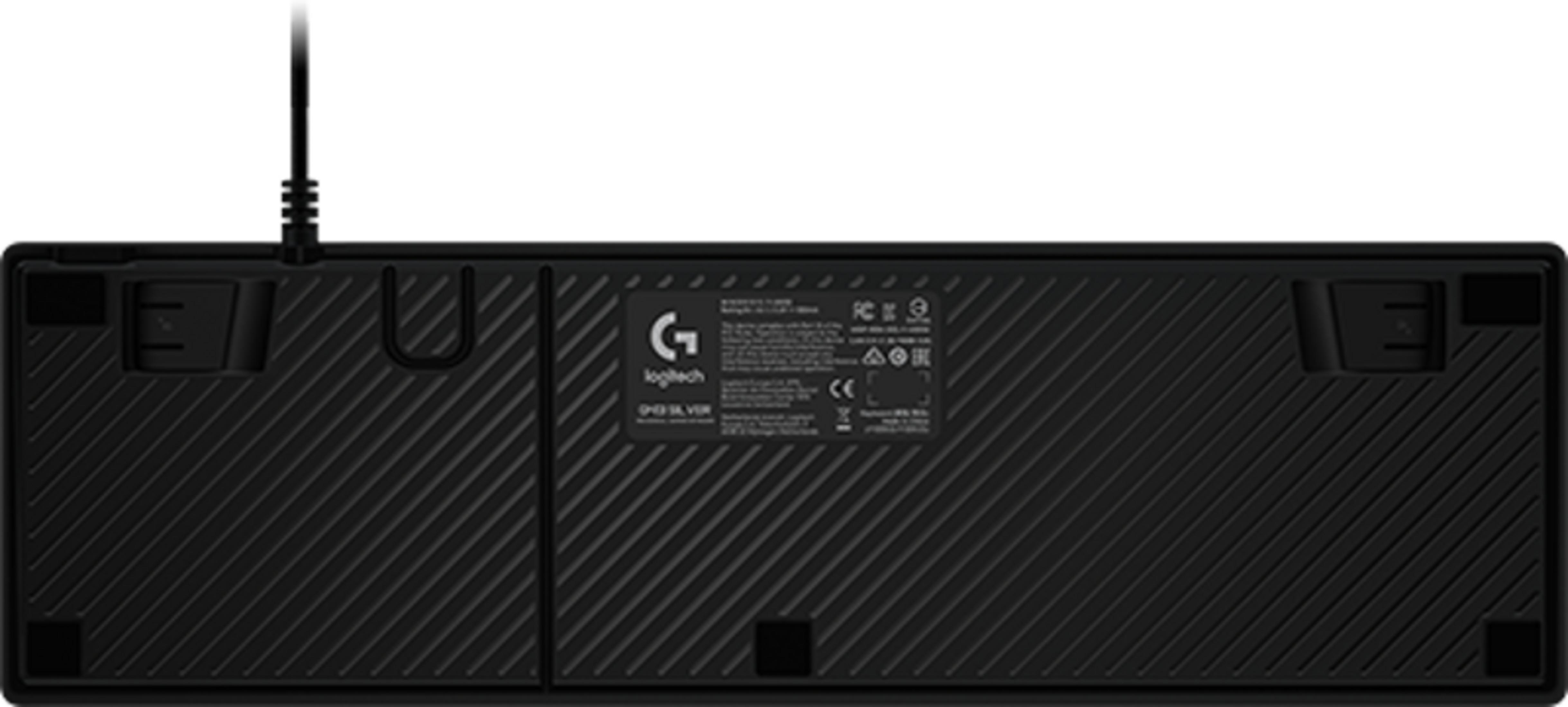 Rückseite einer schwarzen Logitech Tastatur mit Kabel und Siegeln.