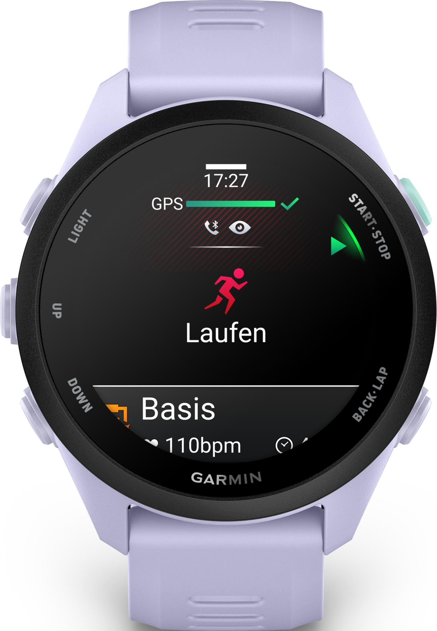 Un reloj inteligente morado claro muestra 17:27, GPS, correr y 110 lpm.