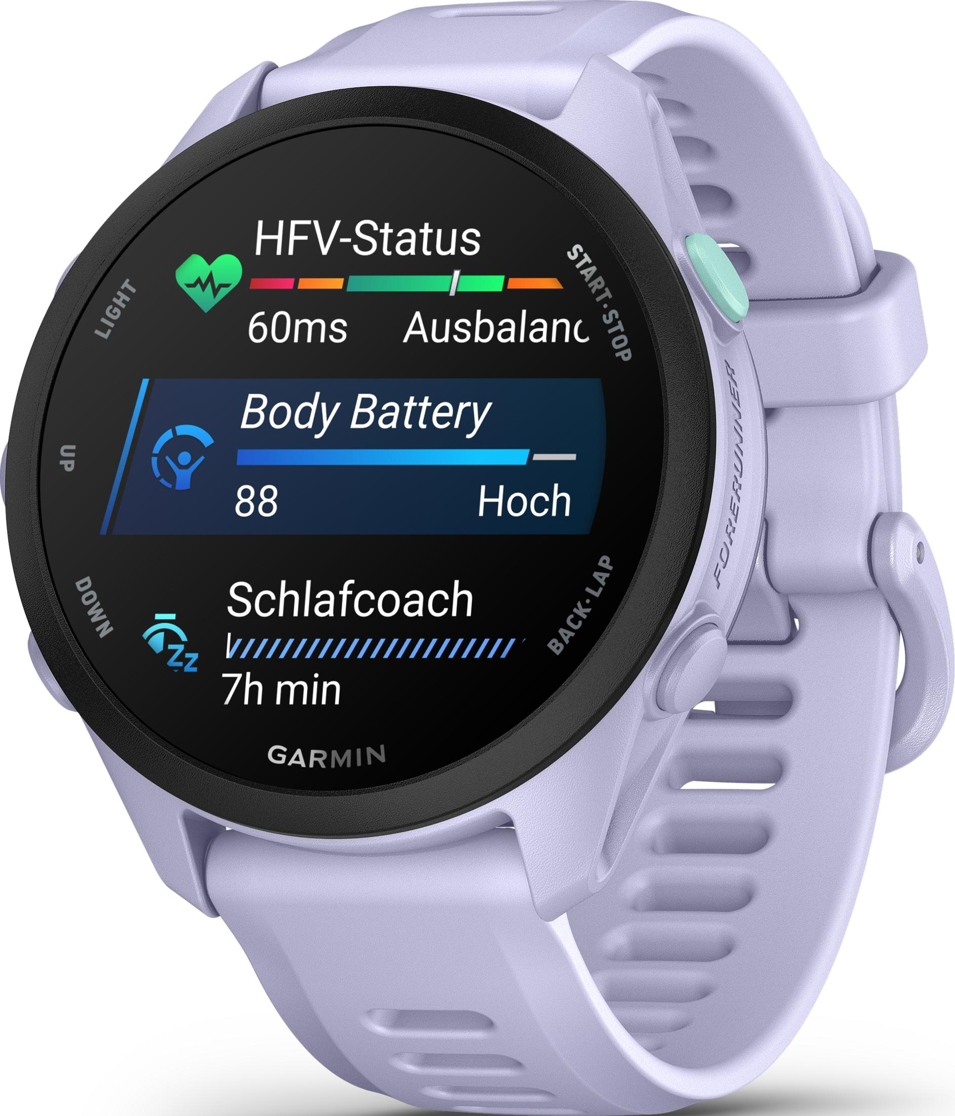 Un reloj inteligente Garmin Forerunner morado muestra estado HFV, batería corporal y coach.