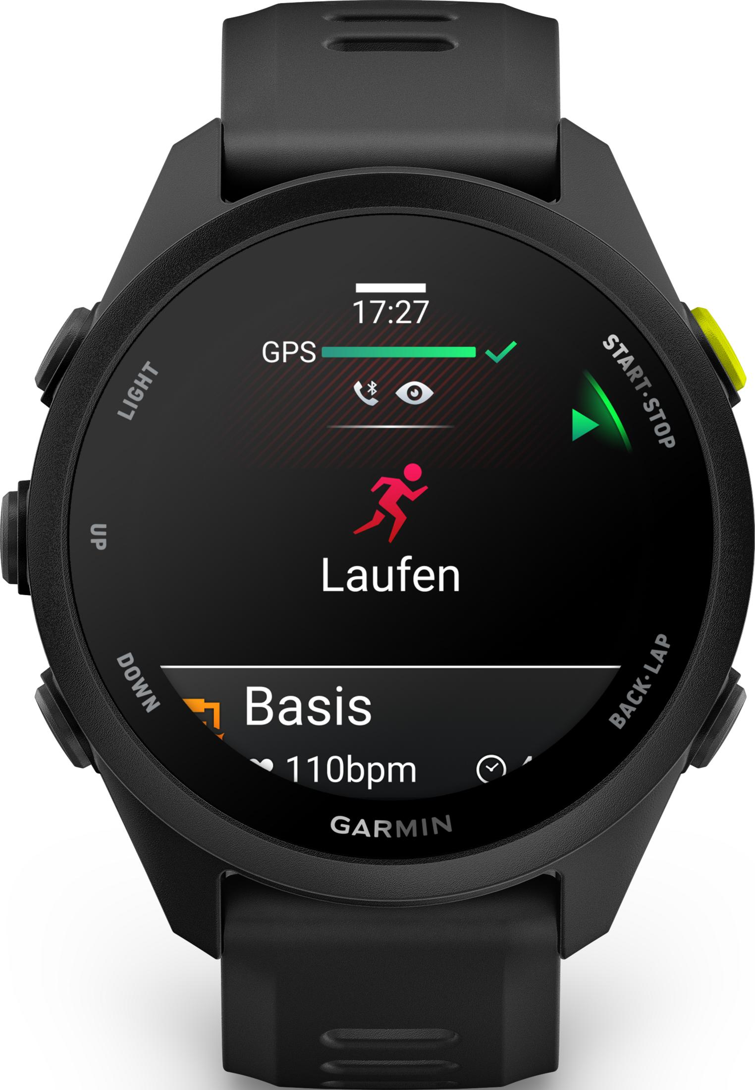 Reloj Garmin negro muestra 17:27, GPS, icono de correr y 110 lpm.