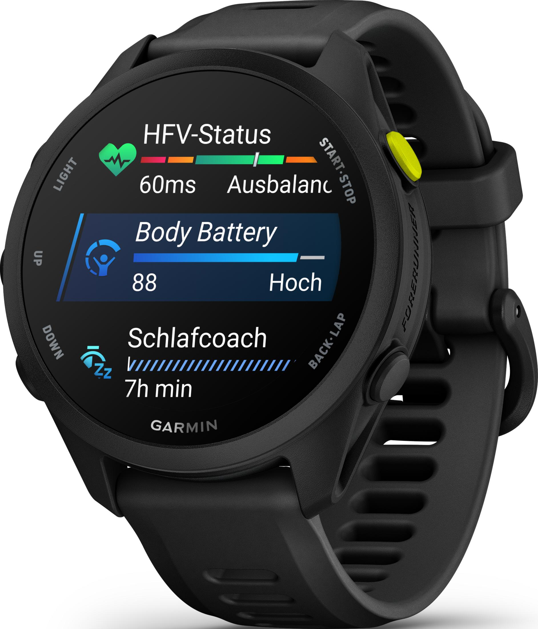 Reloj inteligente negro que muestra frecuencia cardíaca, batería y entrenador del sueño.