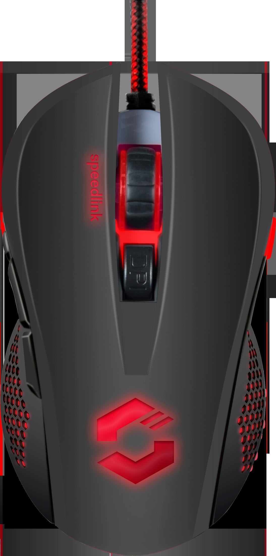 Un ratón gamer negro con luces LED rojas y un cable trenzado rojo y negro.