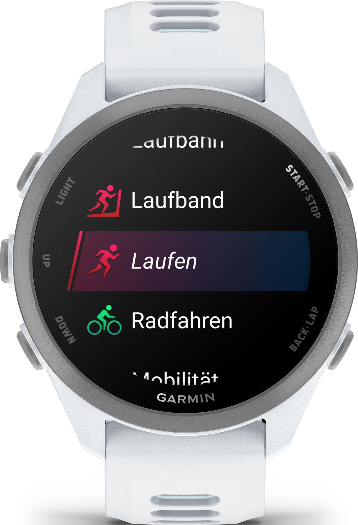 Un reloj inteligente blanco muestra un menú con opciones de carrera, ciclismo y movilidad.