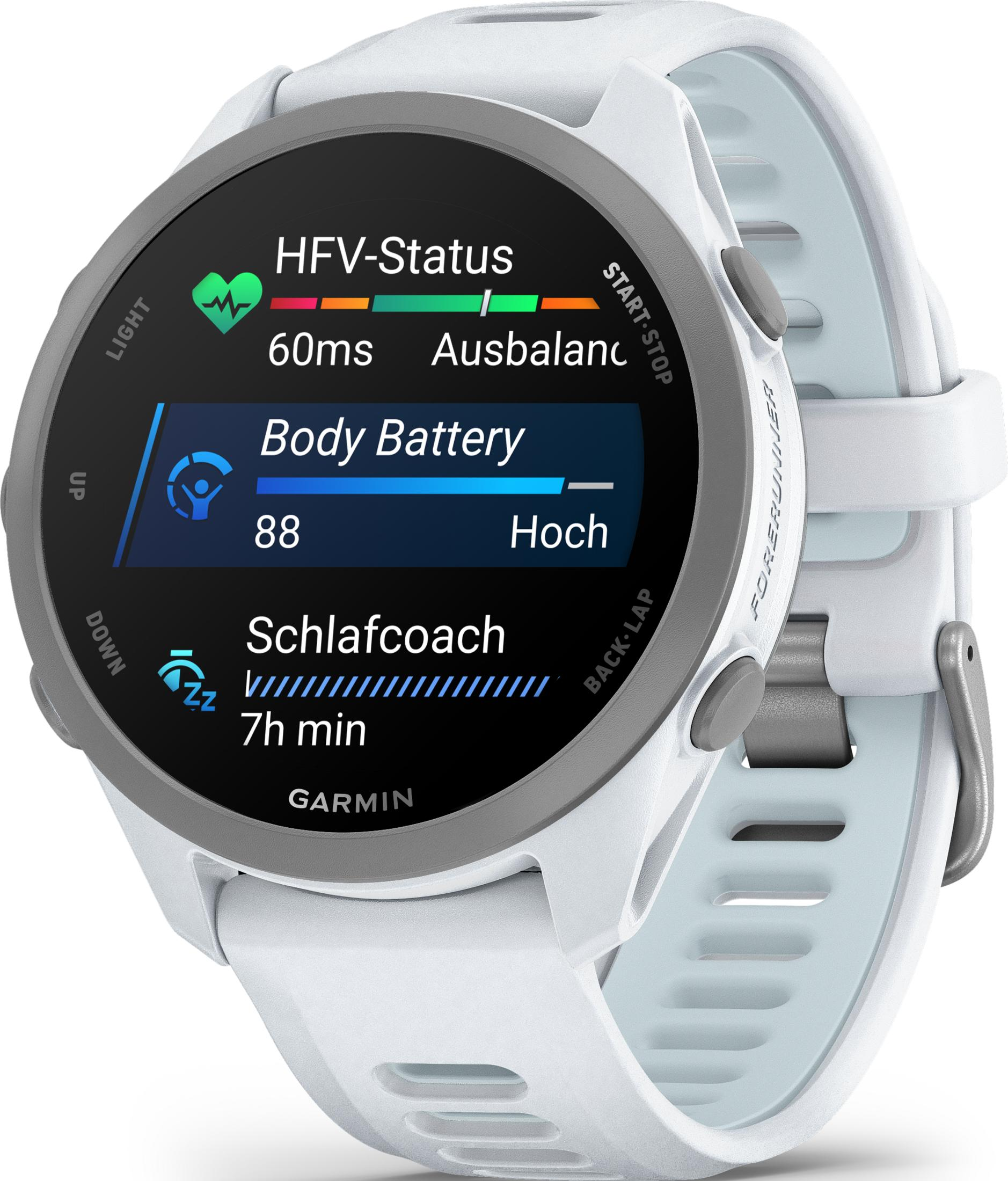 Reloj inteligente blanco con frecuencia cardíaca, batería corporal y entrenador de sueño.
