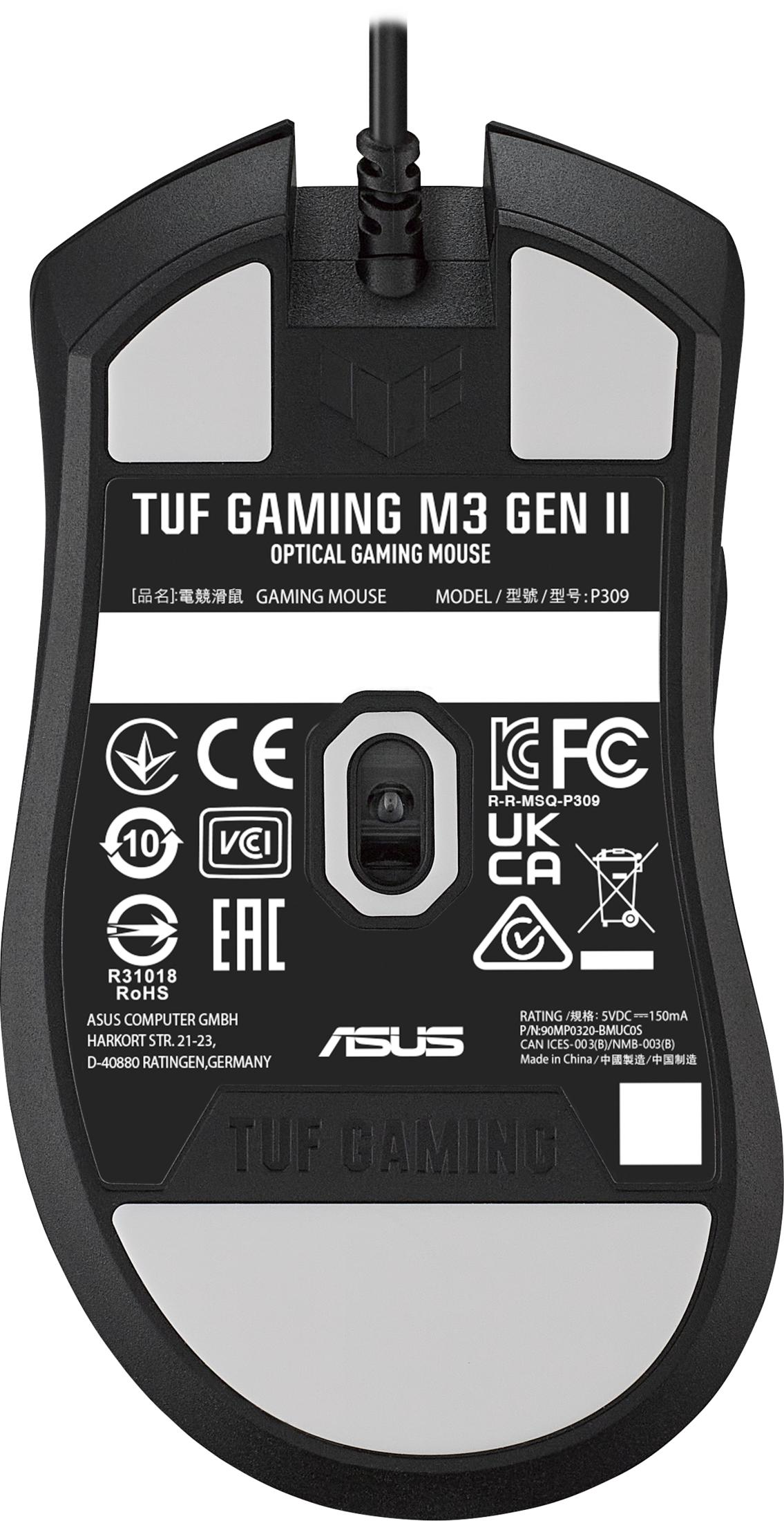 Die Unterseite einer schwarzen ASUS TUF Gaming M3 Gen II Maus mit Aufklebern.