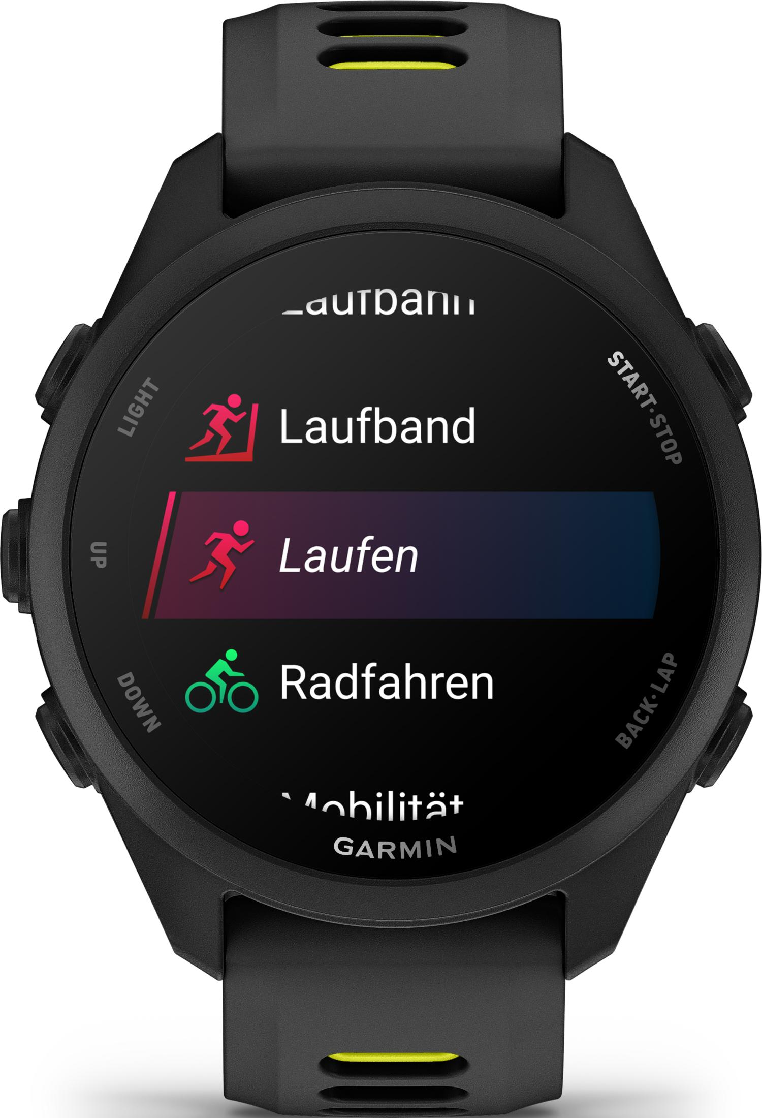 Reloj inteligente negro con opciones de actividad: cinta, correr, ciclismo.