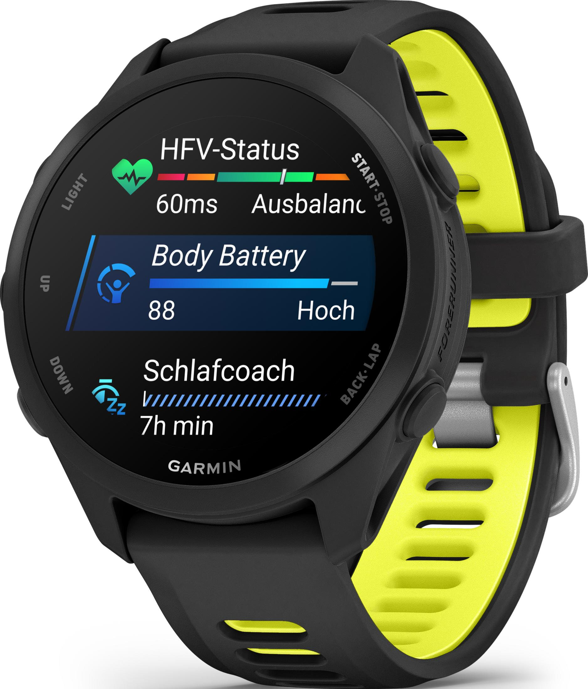 Reloj inteligente negro con acentos amarillos muestra estado HFV, Batería Corporal y Coach Sueño.