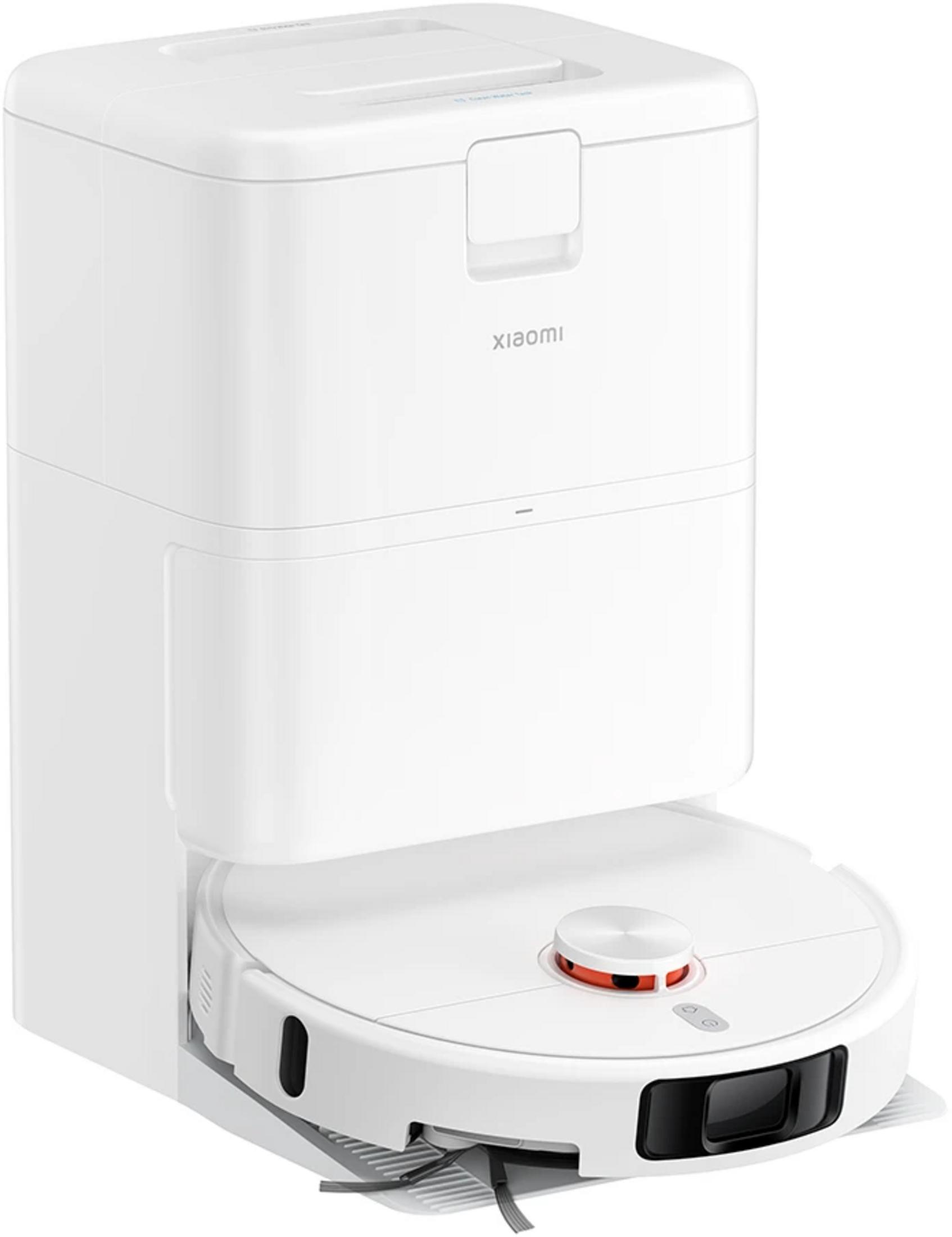 Robot aspirapolvere Xiaomi bianco e base di ricarica. Vista frontale.