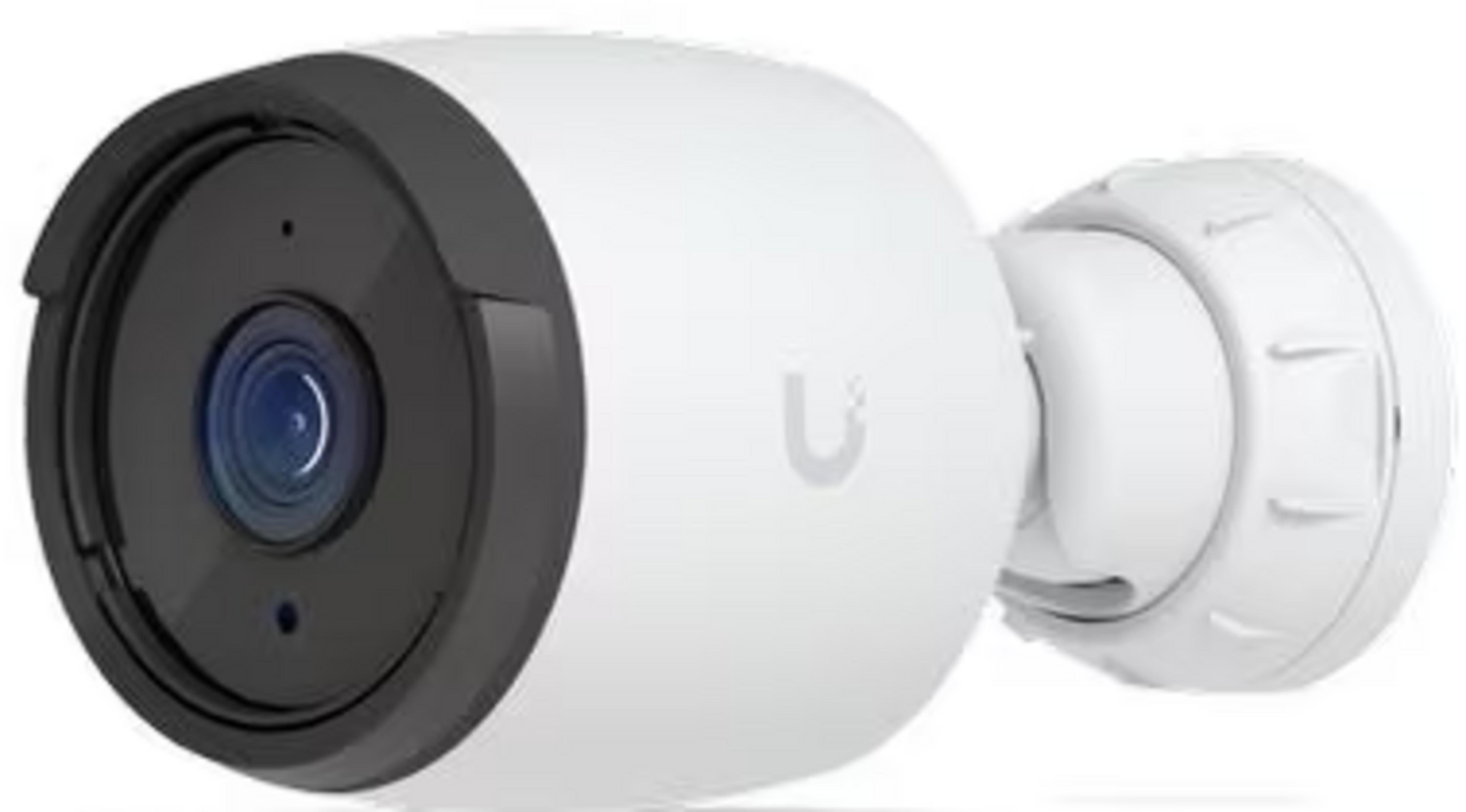 A white security camera with a black lens and mount.