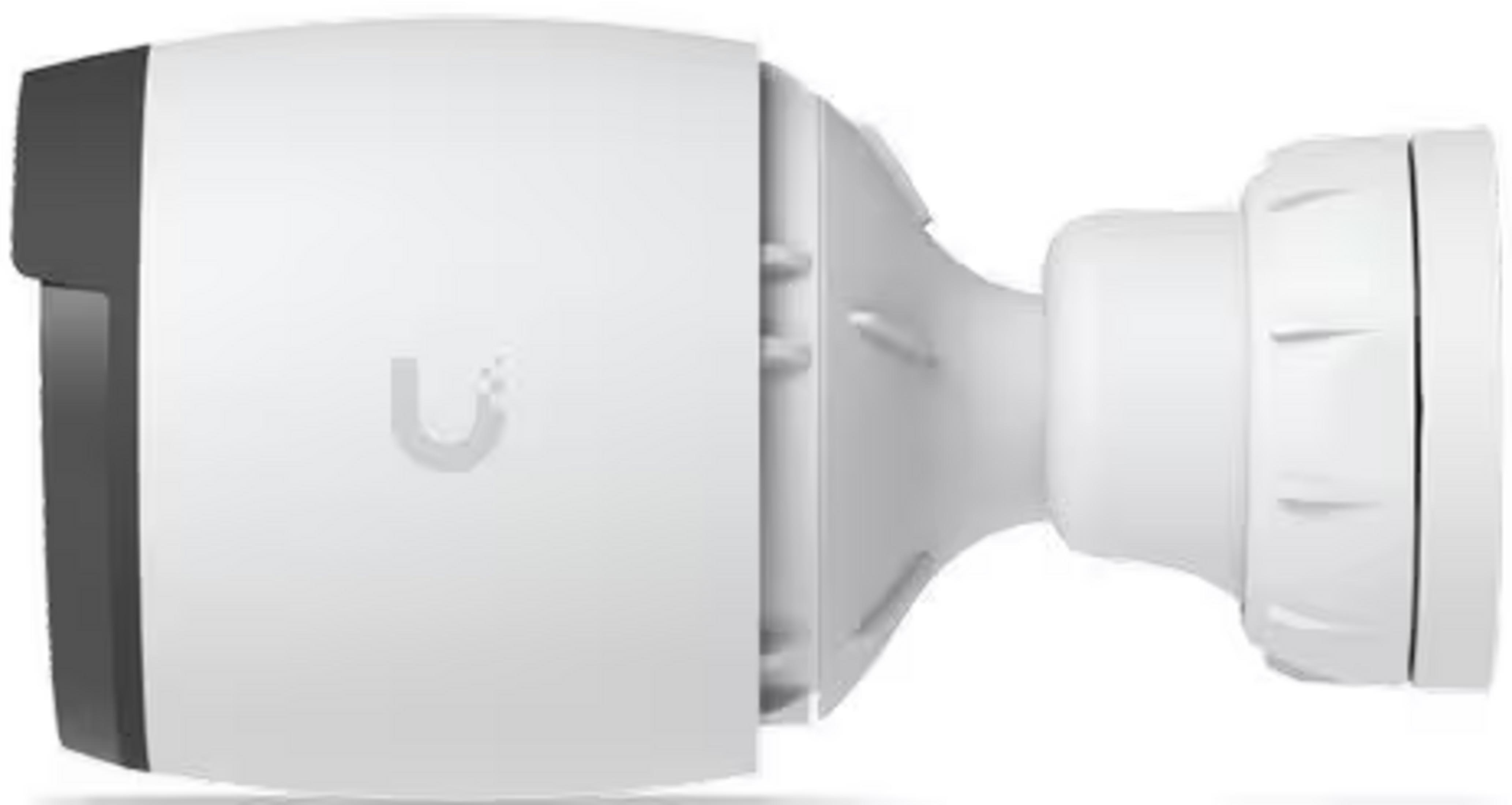 A white security camera with a dark front and a logo.