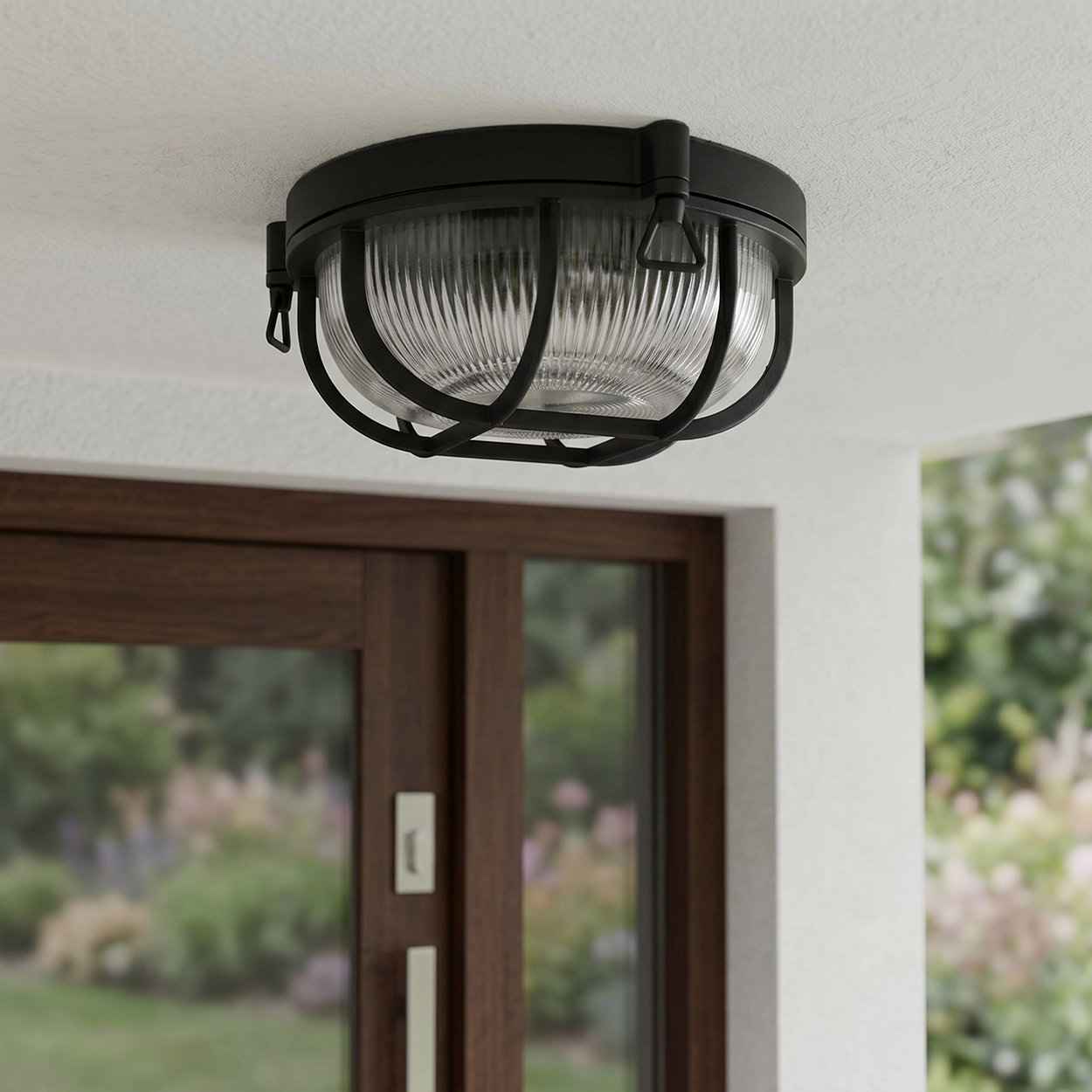 Schwarze Deckenleuchte mit geripptem Glas und Metallkäfig über einer Holztür.