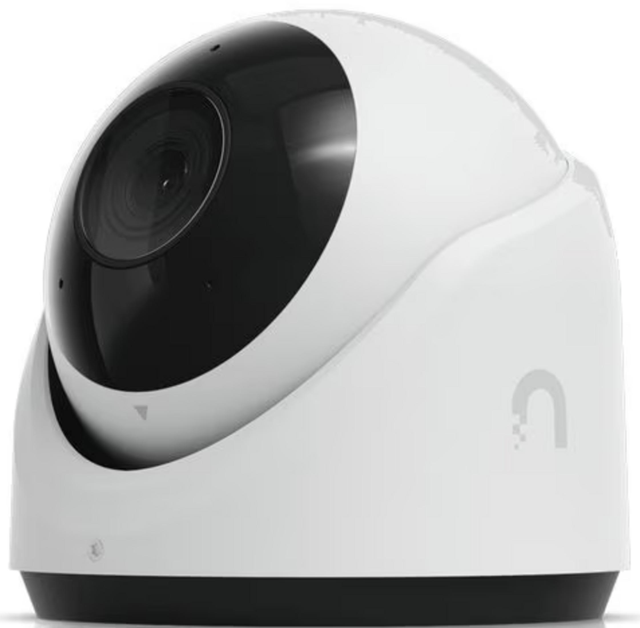 Una telecamera di sicurezza bianca con obiettivo e base neri.
