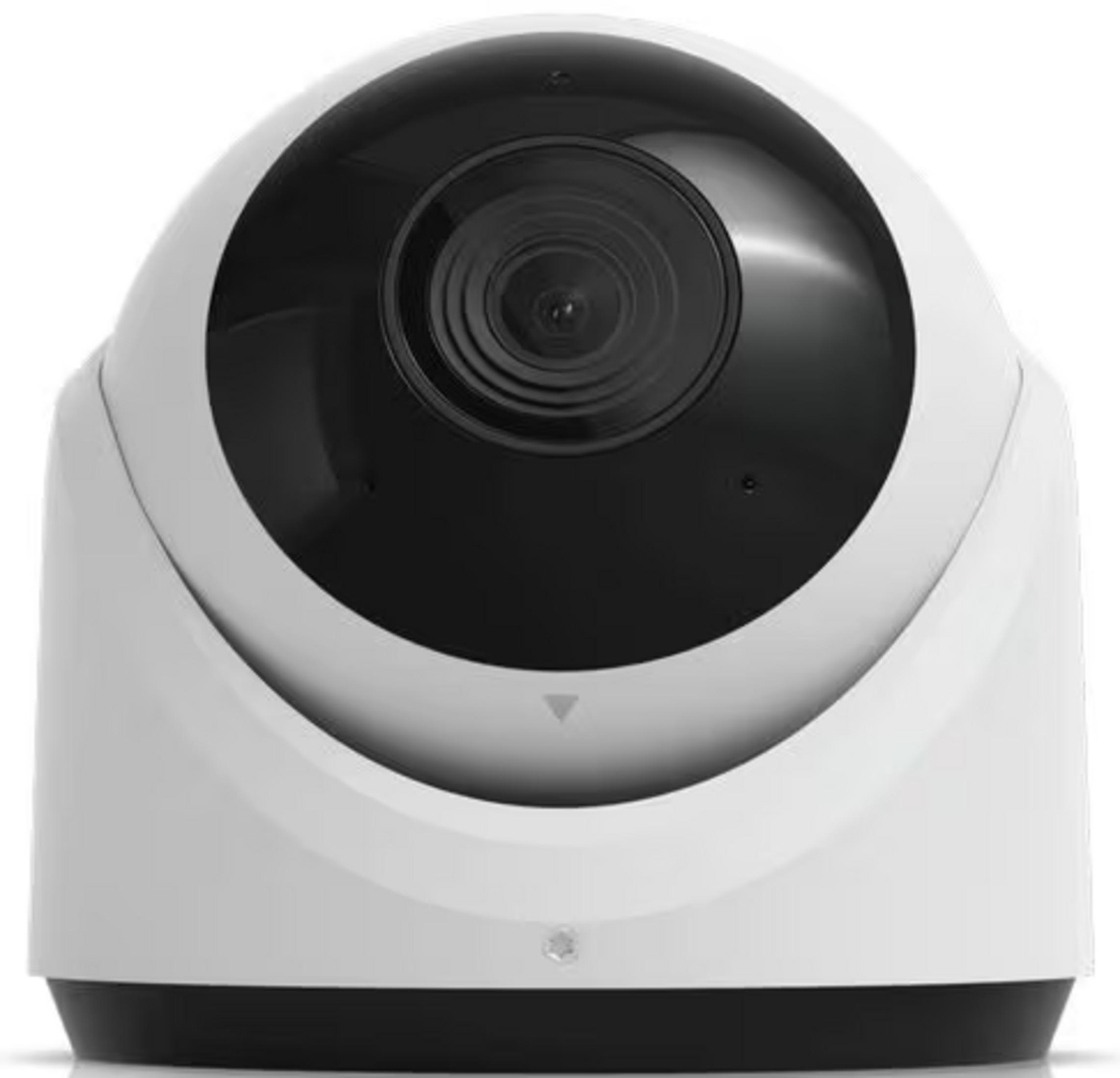 Una telecamera di sicurezza bianca con obiettivo e base neri.