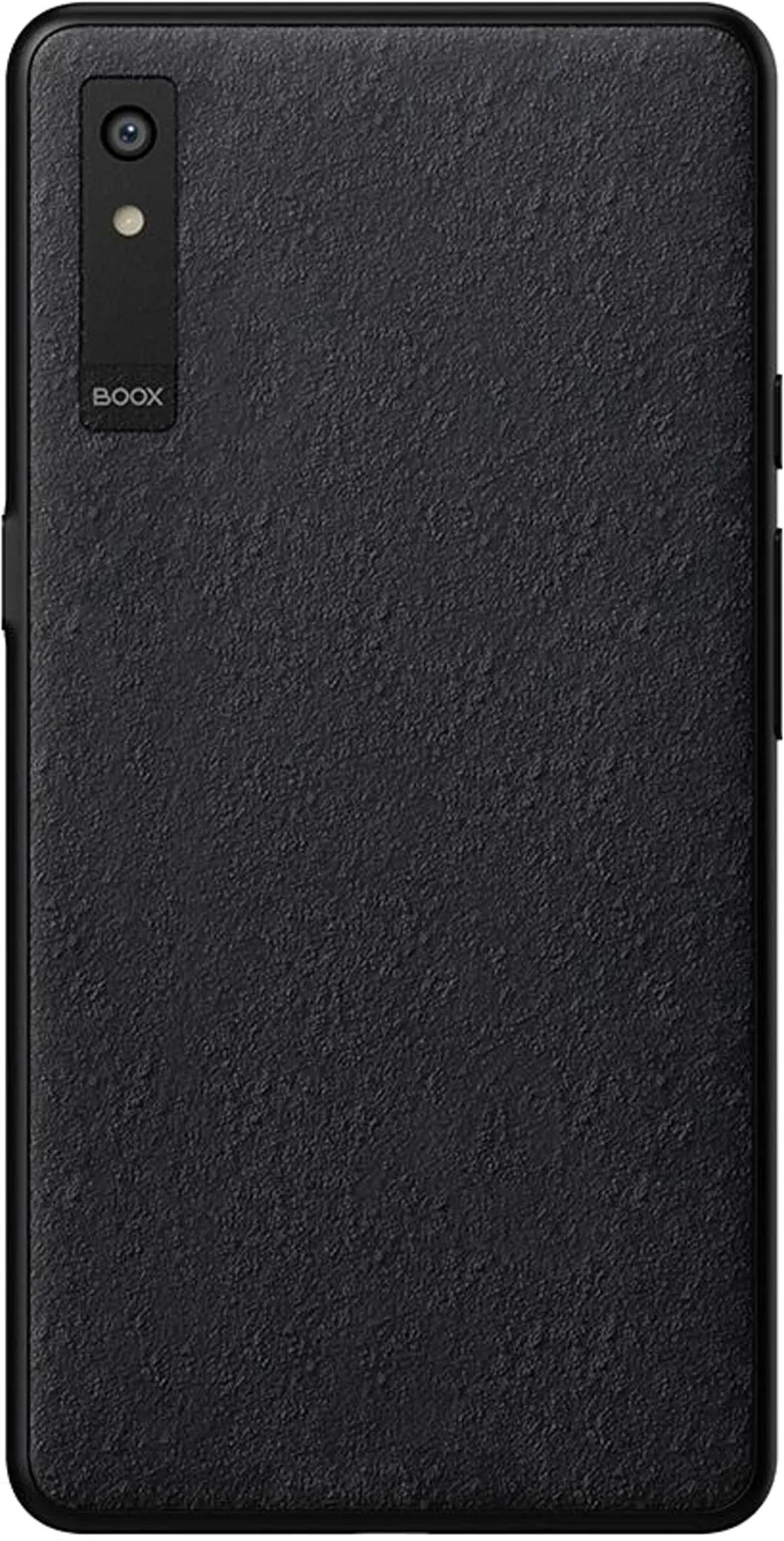 Schwarzes BOOX-Smartphone mit strukturierter Rückseite und Kameramodul oben links.