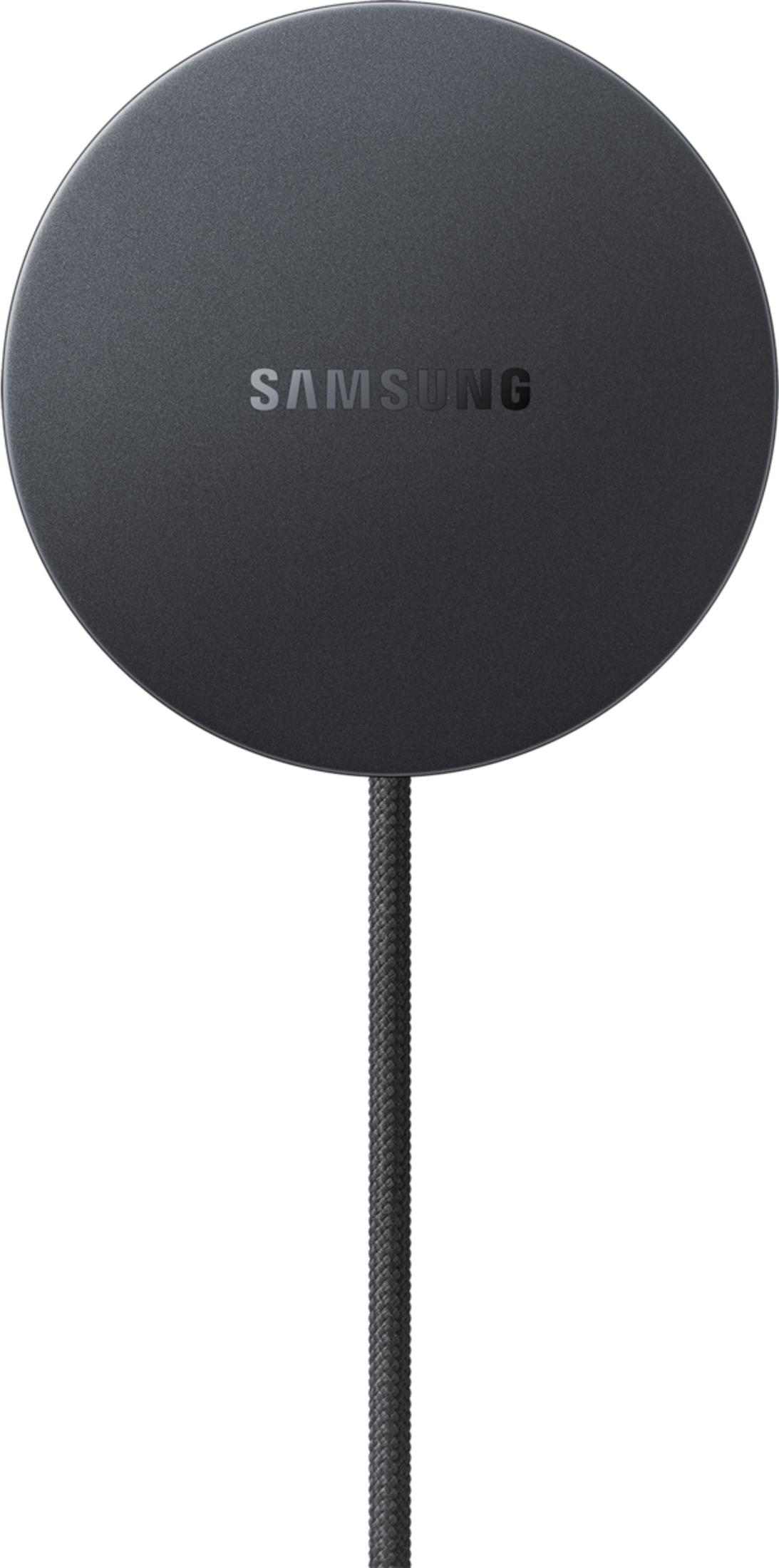 Pad caricatore wireless Samsung nero con cavo intrecciato.
