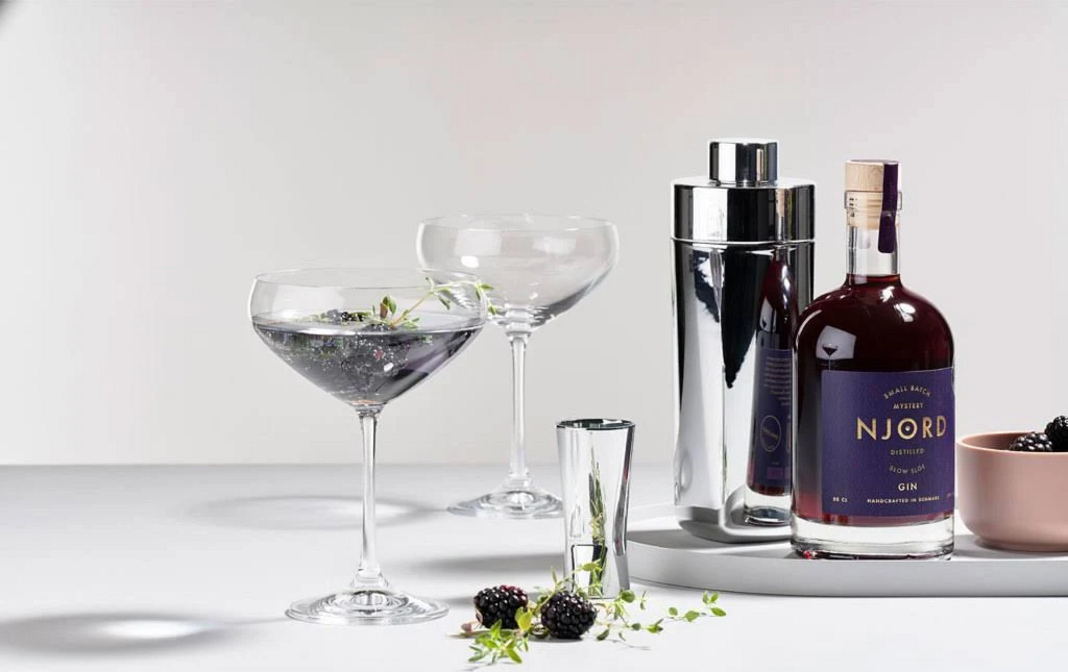 Un bicchiere da martini con liquido scuro, accanto un bicchiere vuoto, shaker e bottiglia di gin.