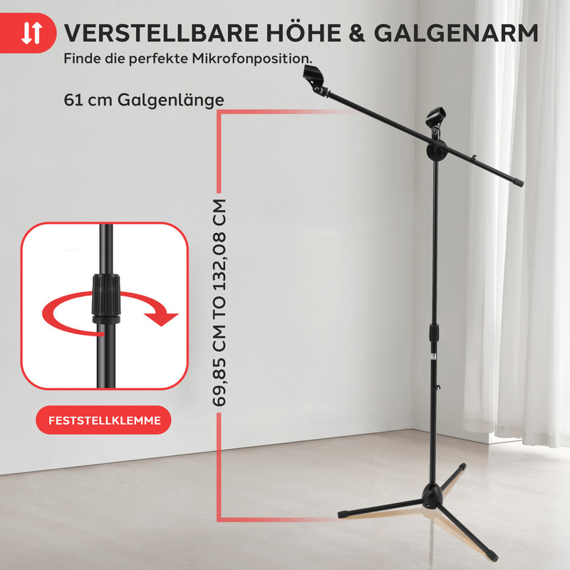 Verstellbarer Mikrofonständer mit Galgenarm und Stativfuß.