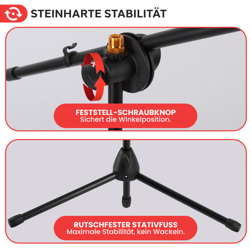 Nahaufnahme eines schwarzen Mikrofonständers mit Schraubknopf und Stativfuß.