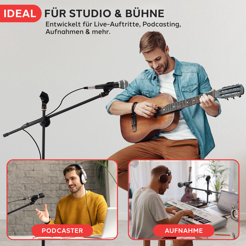 Mann spielt Gitarre, Podcaster mit Mikro, Musiker am Keyboard.