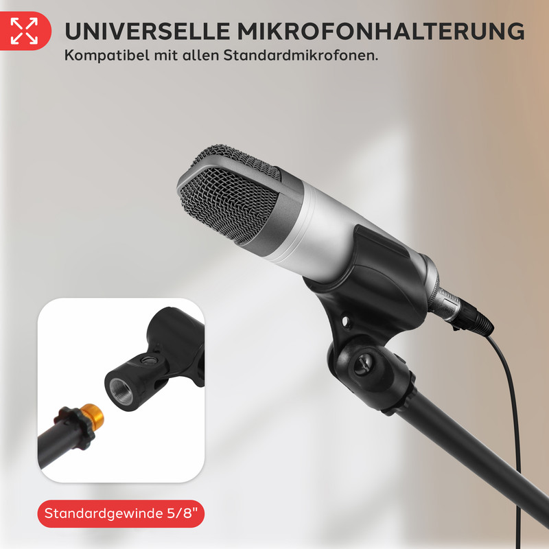 Universelle Mikrofonhalterung mit 5/8" Gewinde, kompatibel mit Standardmikrofonen.