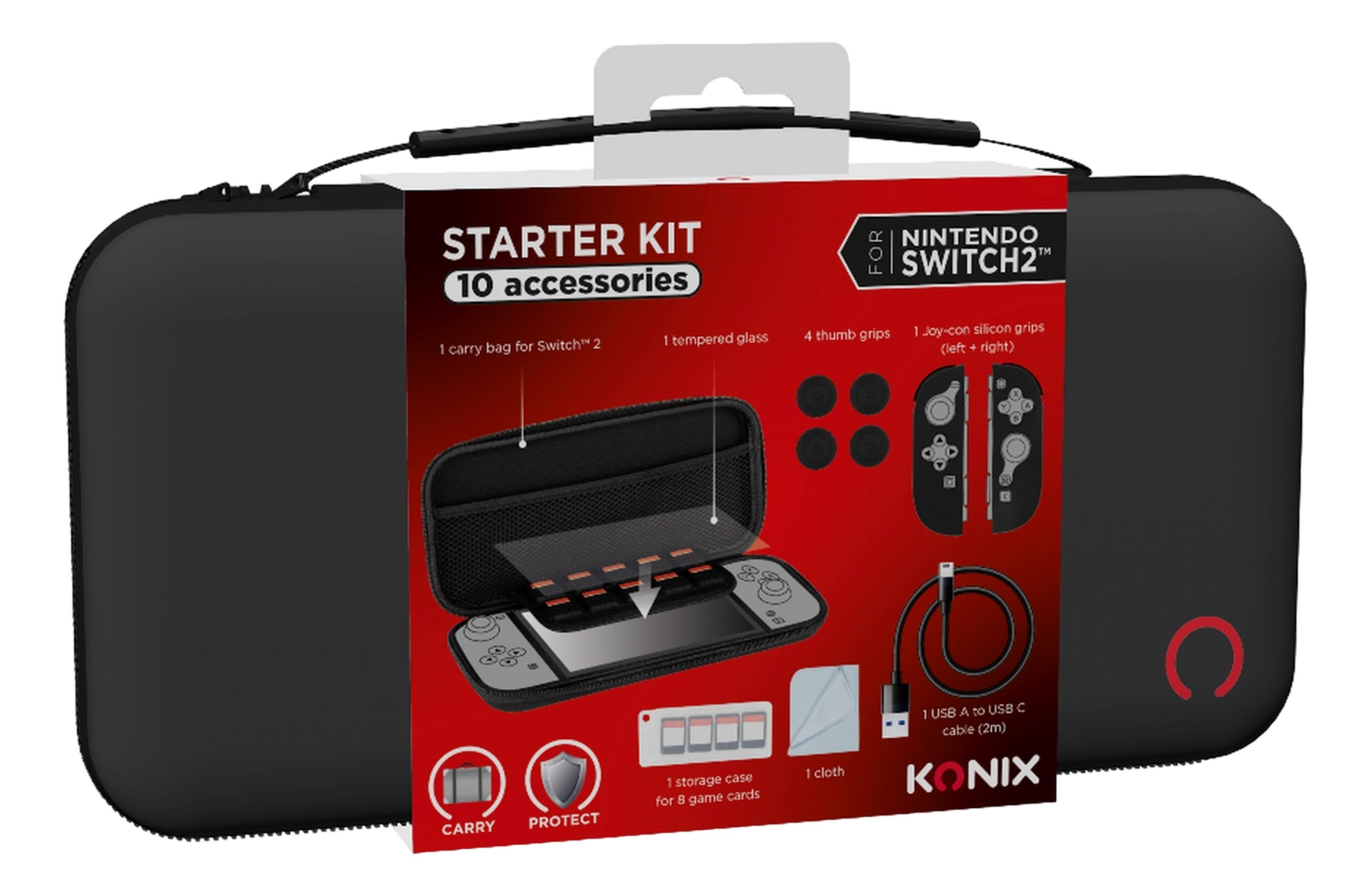 Starterkit Nintendo Switch 2 met accessoires: tas, screenprotector, grips, kabel, kaarthouder.