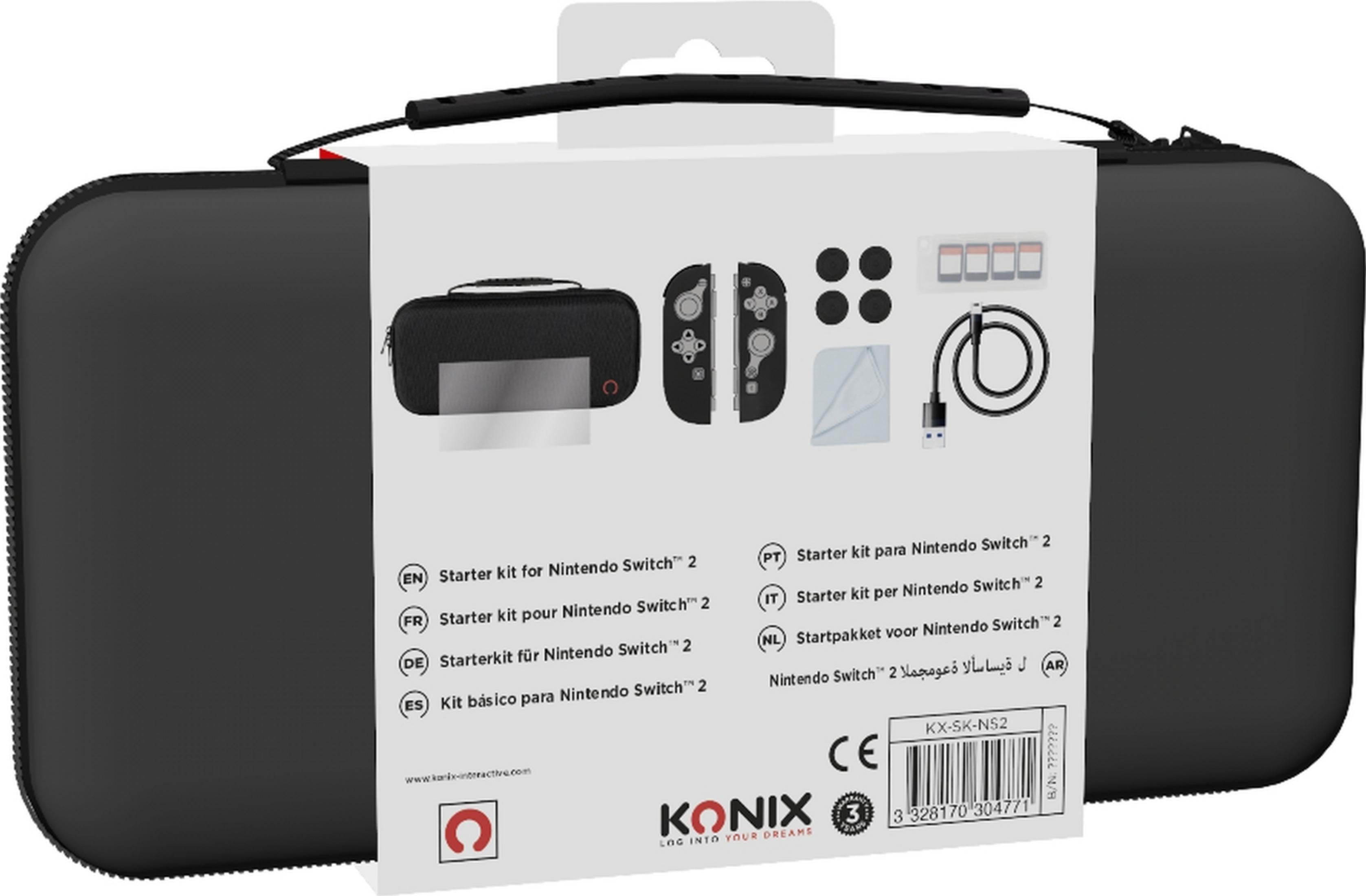 Startpakket voor Nintendo Switch 2 met accessoires in een zwarte hoes.