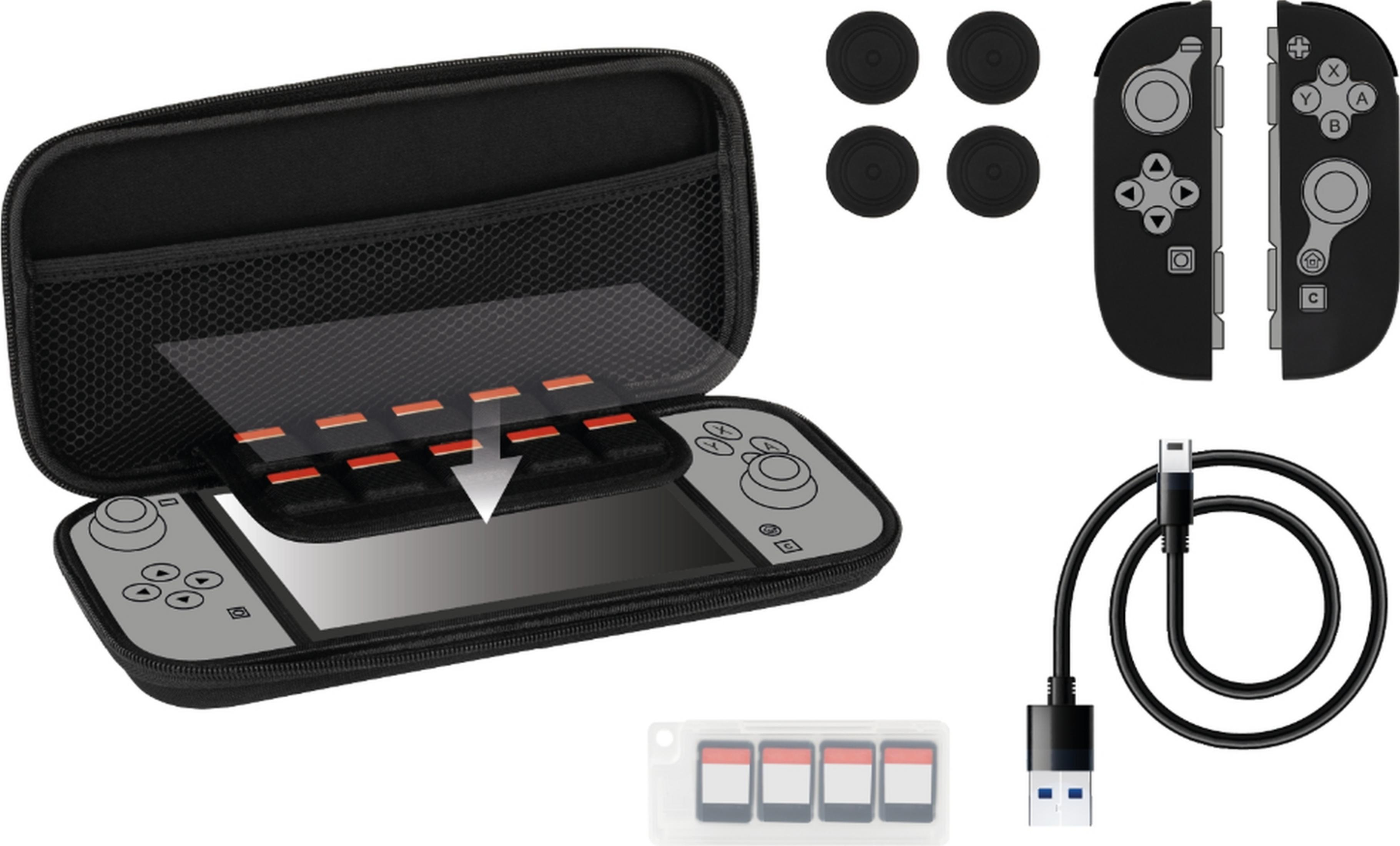 Gamingconsole met hoes, controllers, spelkaarten en USB-kabel.