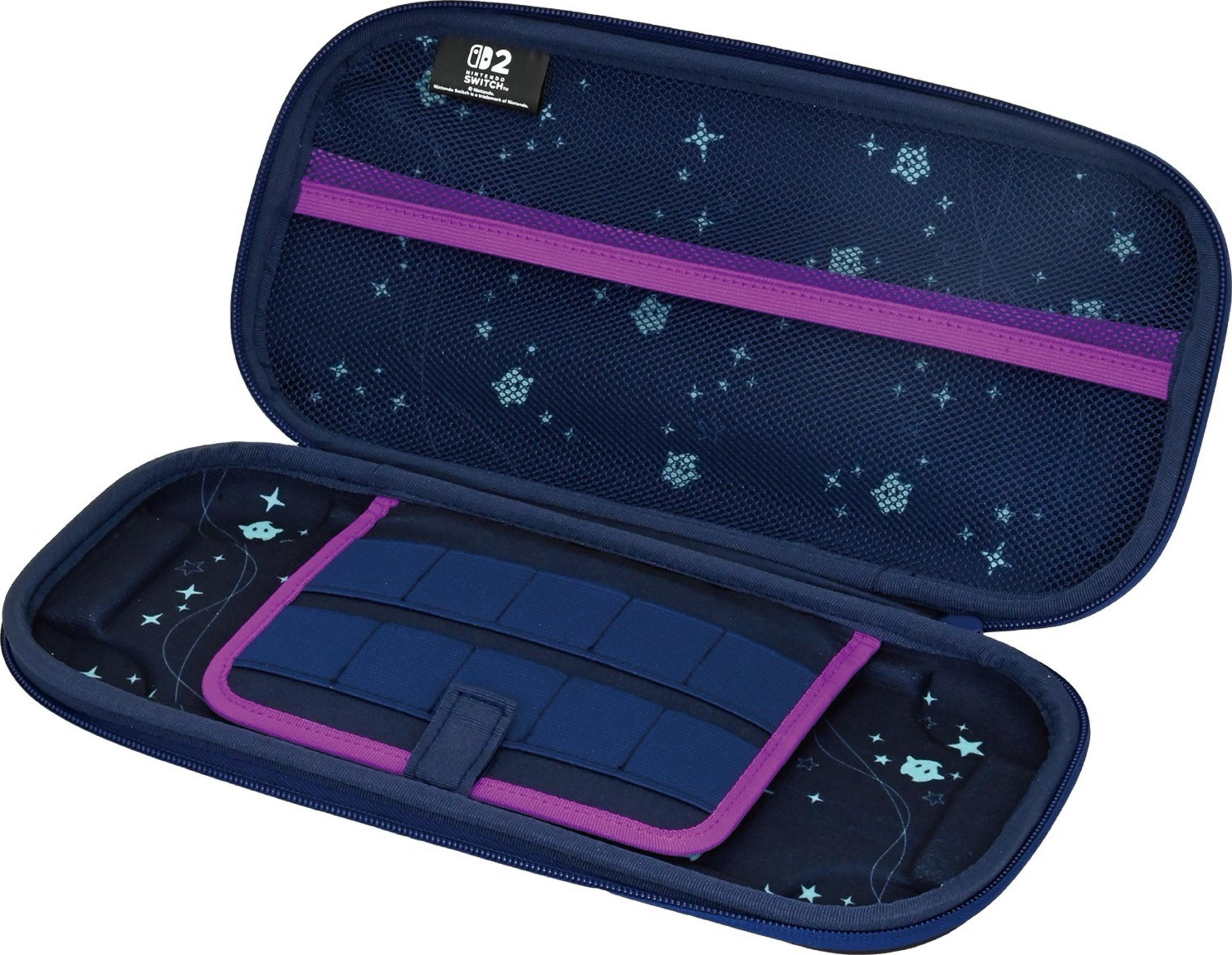 Granatowe etui na Nintendo Switch z motywem gwiazd i fioletowymi akcentami.