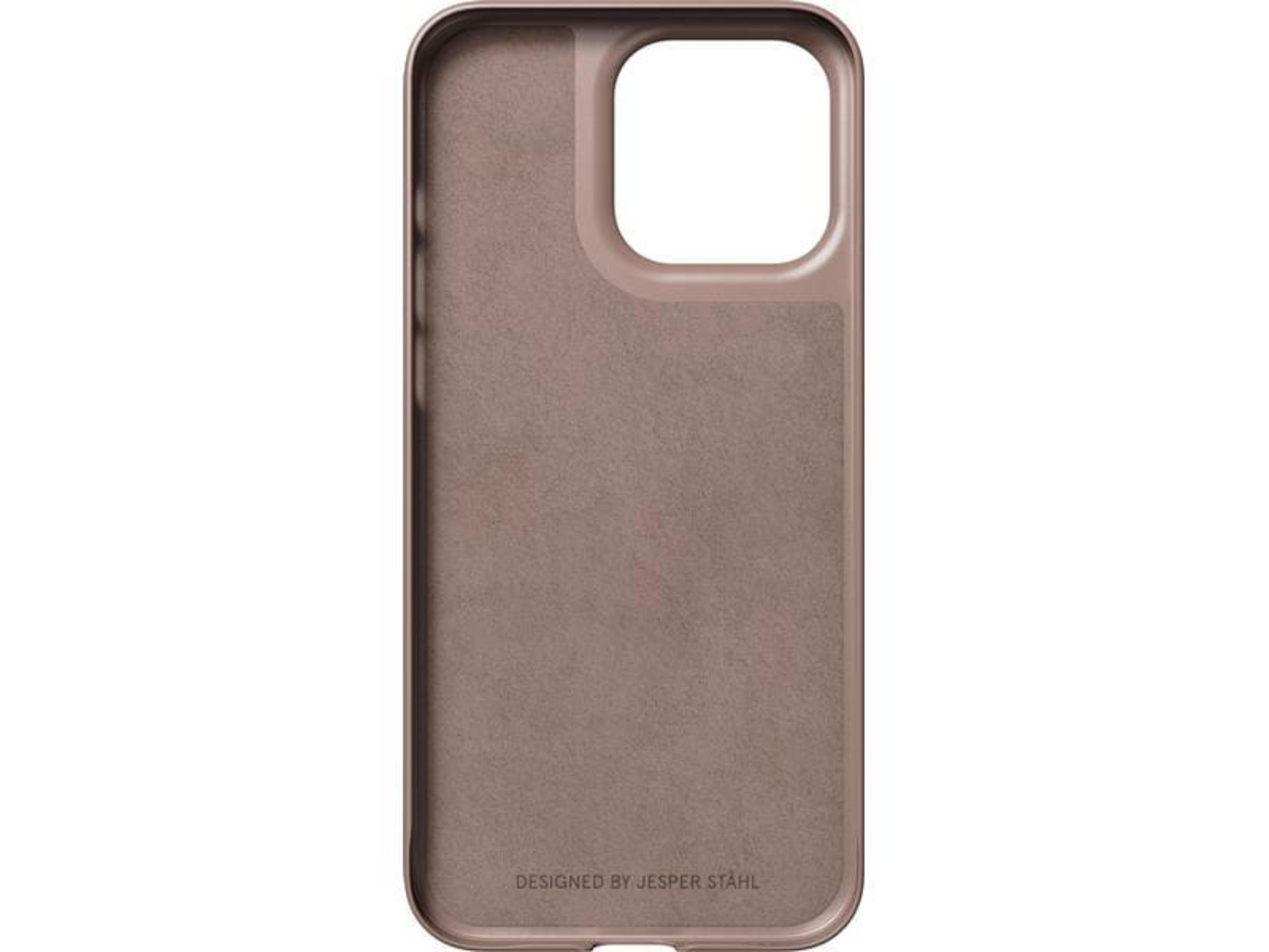 Brązowe etui na telefon z wycięciem na aparat i logo.