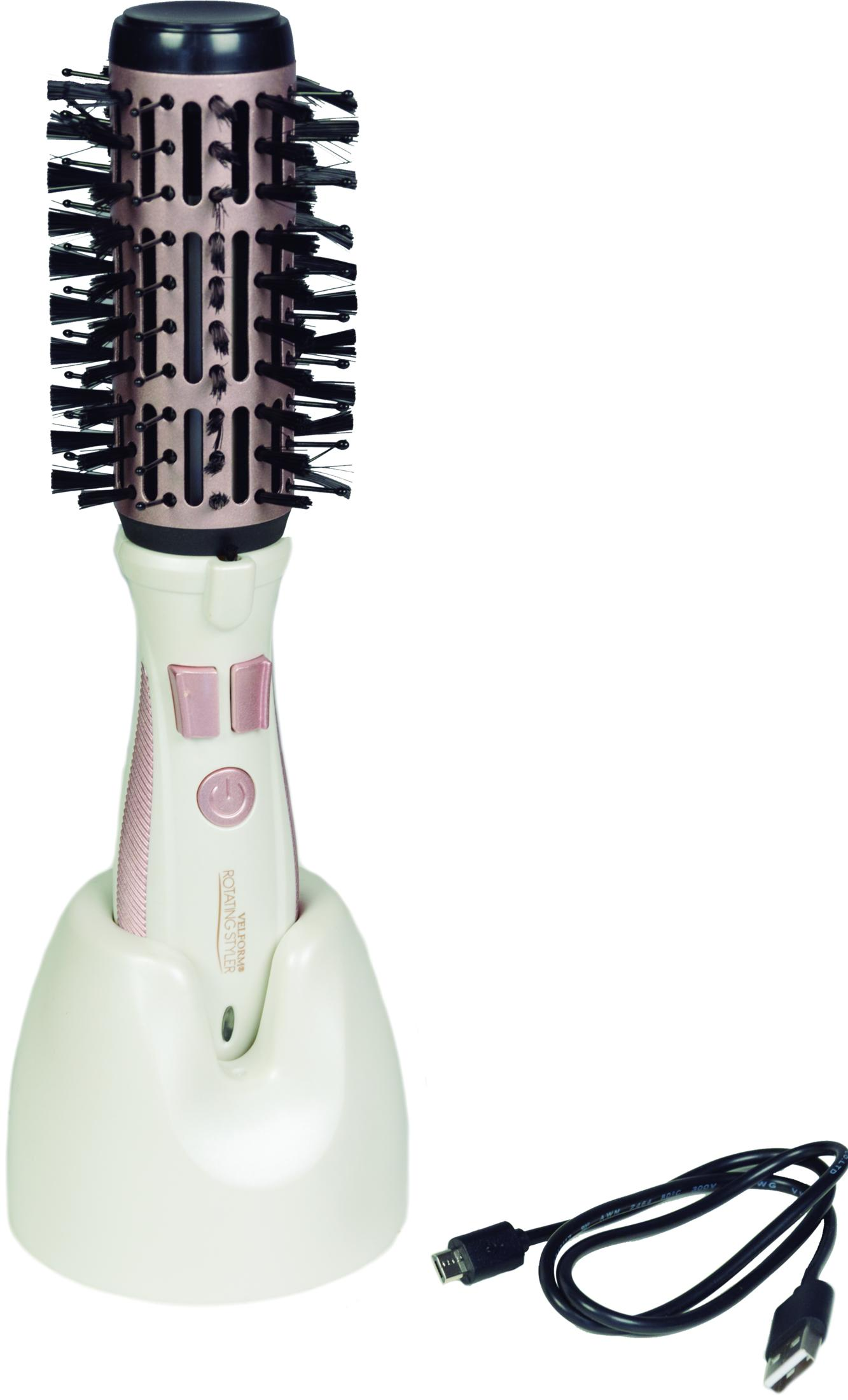 Un styler per capelli rotante oro rosa con supporto bianco e cavo di ricarica.