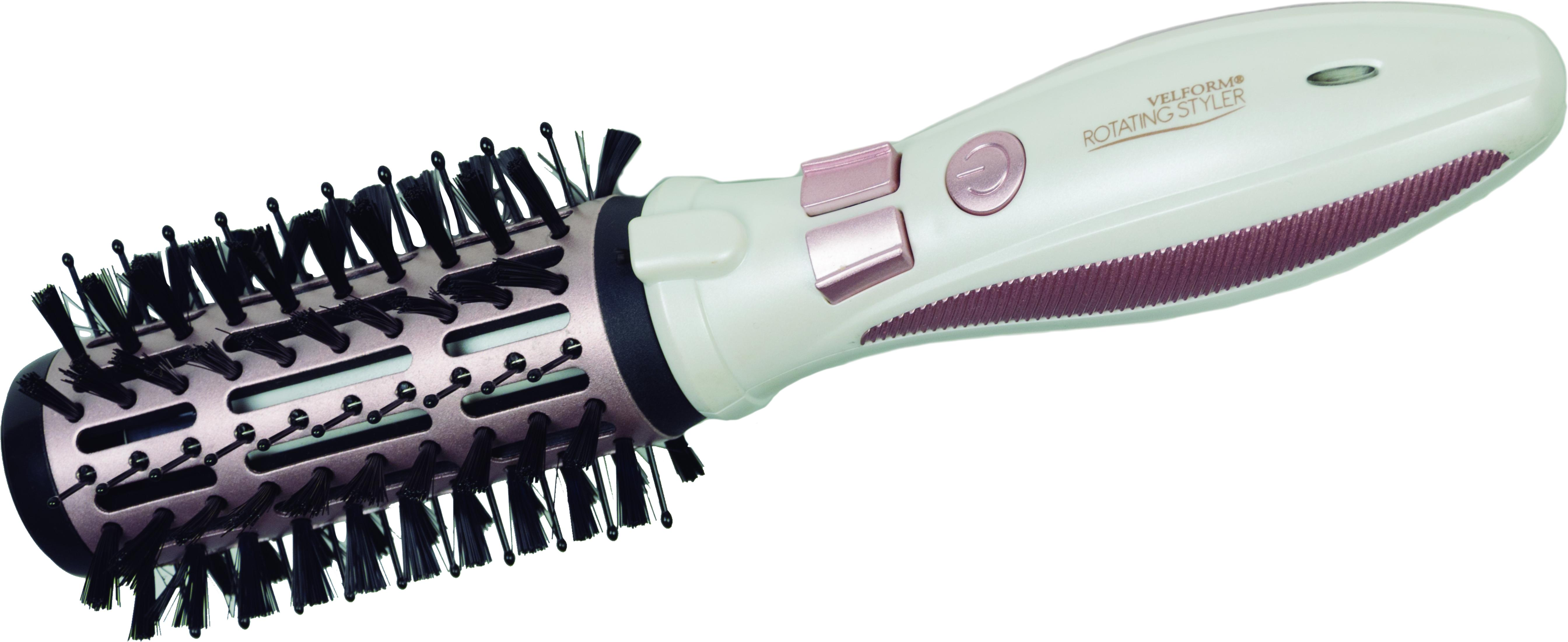 Un styler per capelli rotante verde chiaro con setole nere e controlli rosa.