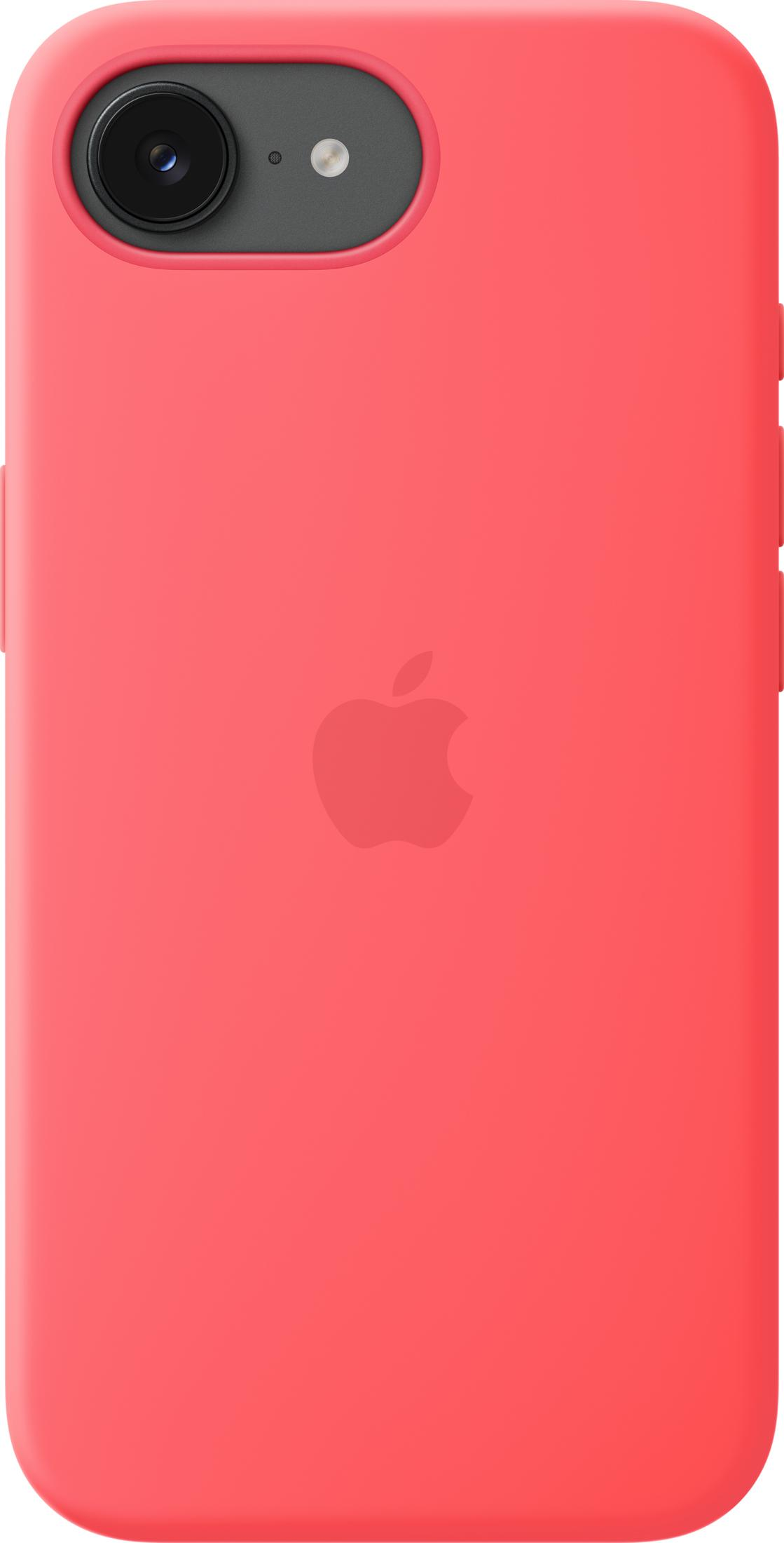 Una custodia per iPhone color corallo con logo Apple e foro fotocamera.