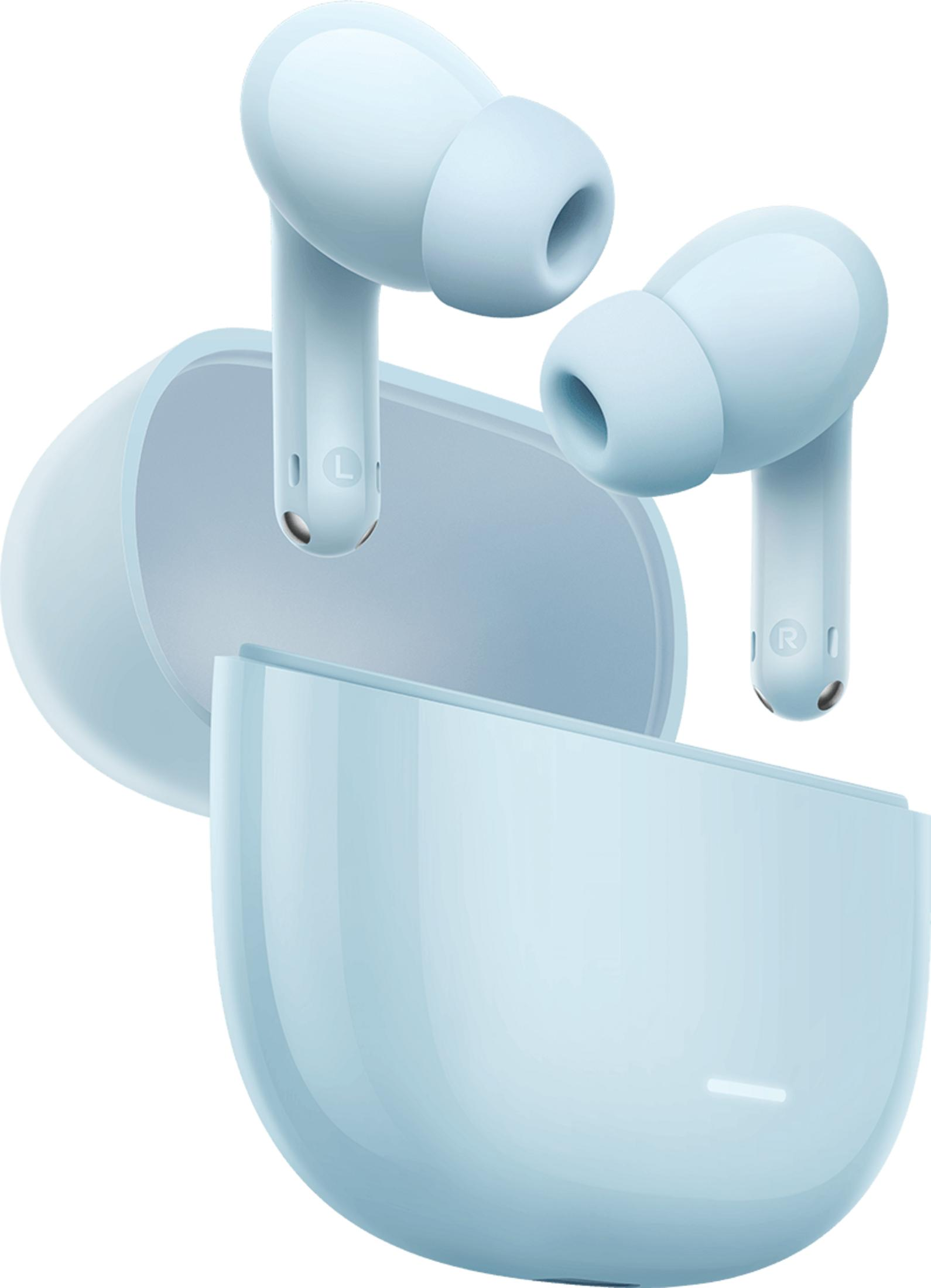 Light blue wireless earbuds with charging case. Two earbuds are protruding from the case.