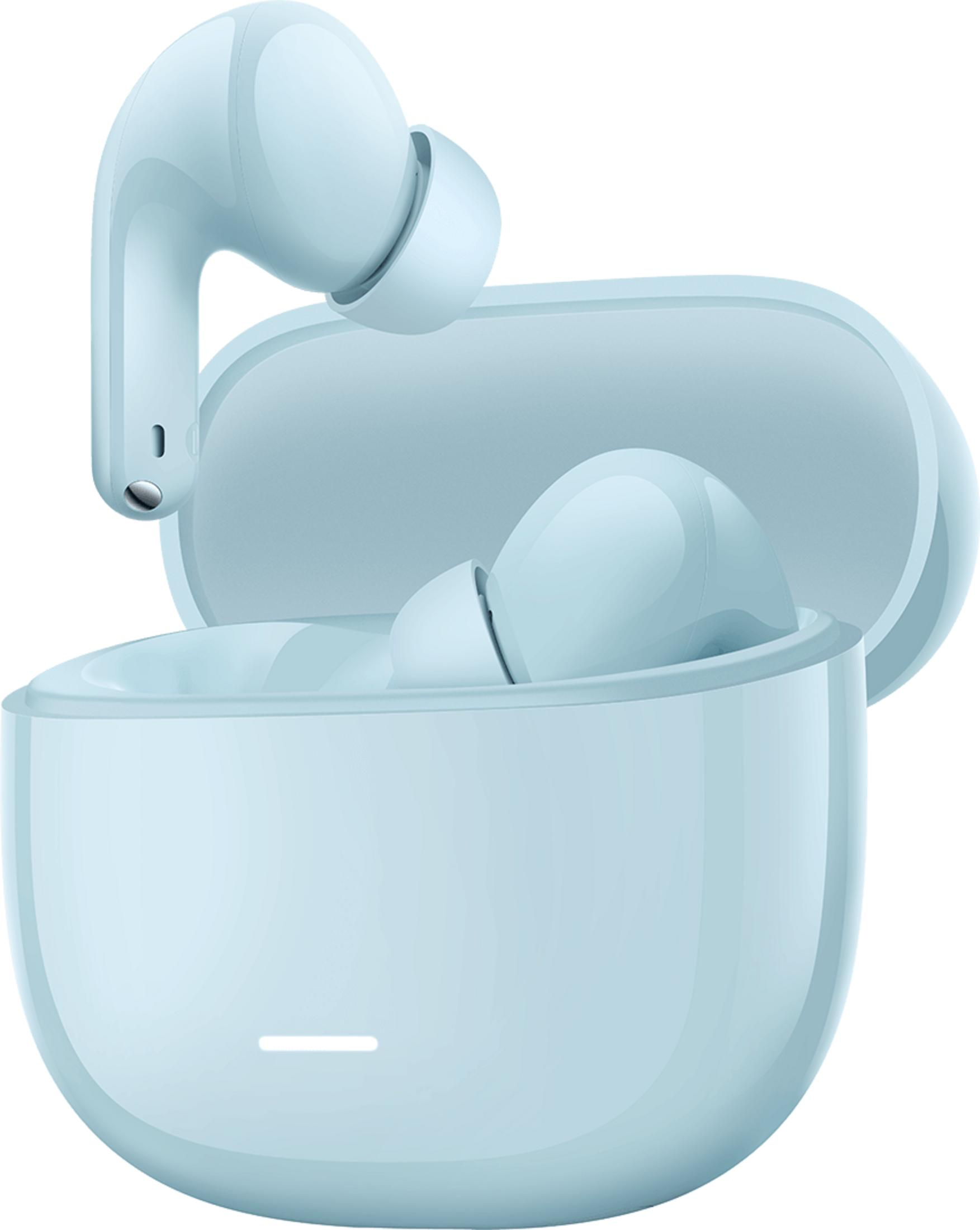 A pair of light blue wireless earbuds in an open charging case.