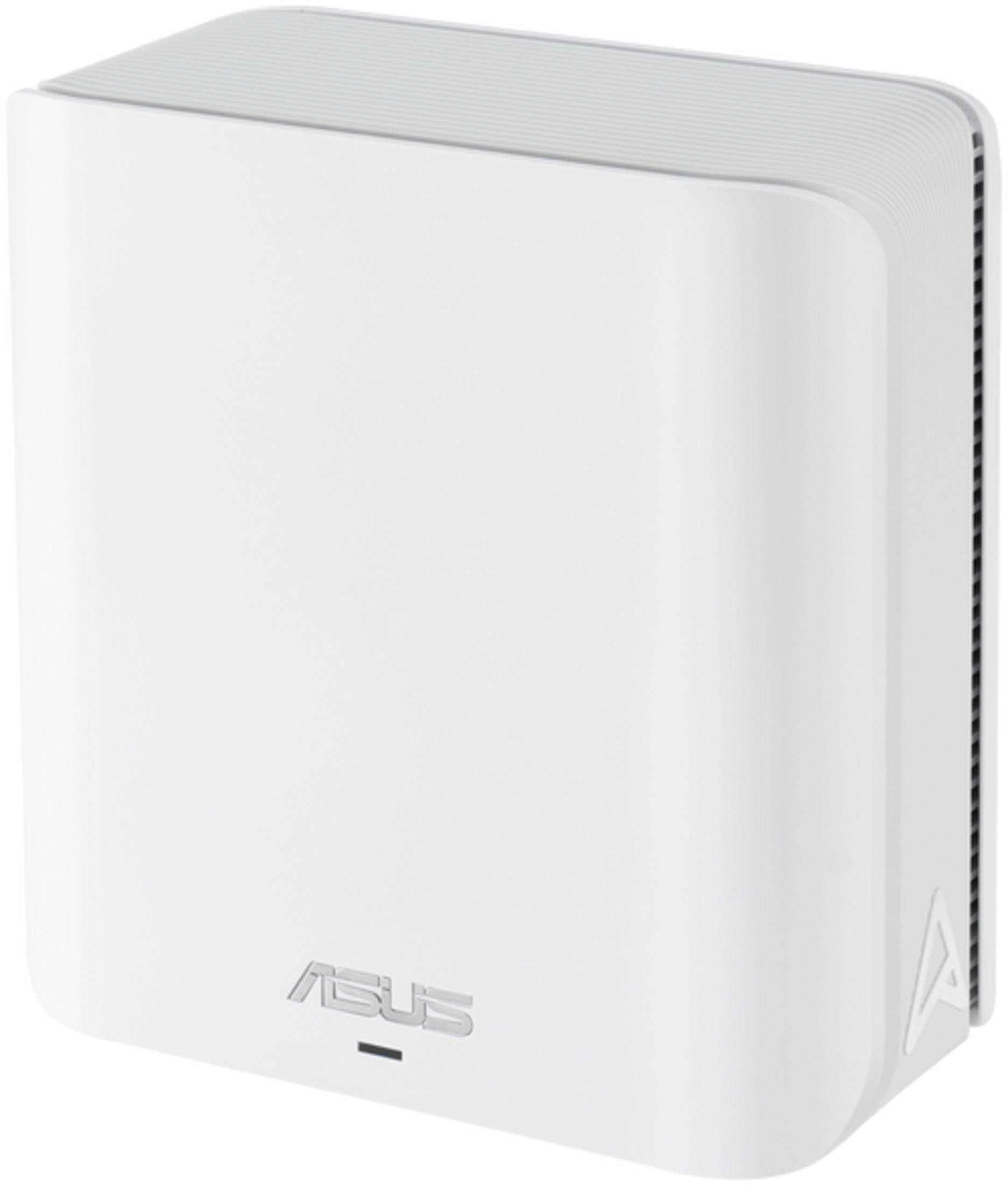 Ein weißer ASUS-Router mit gerilltem Oberteil und Lüftungsschlitzen an der Seite.