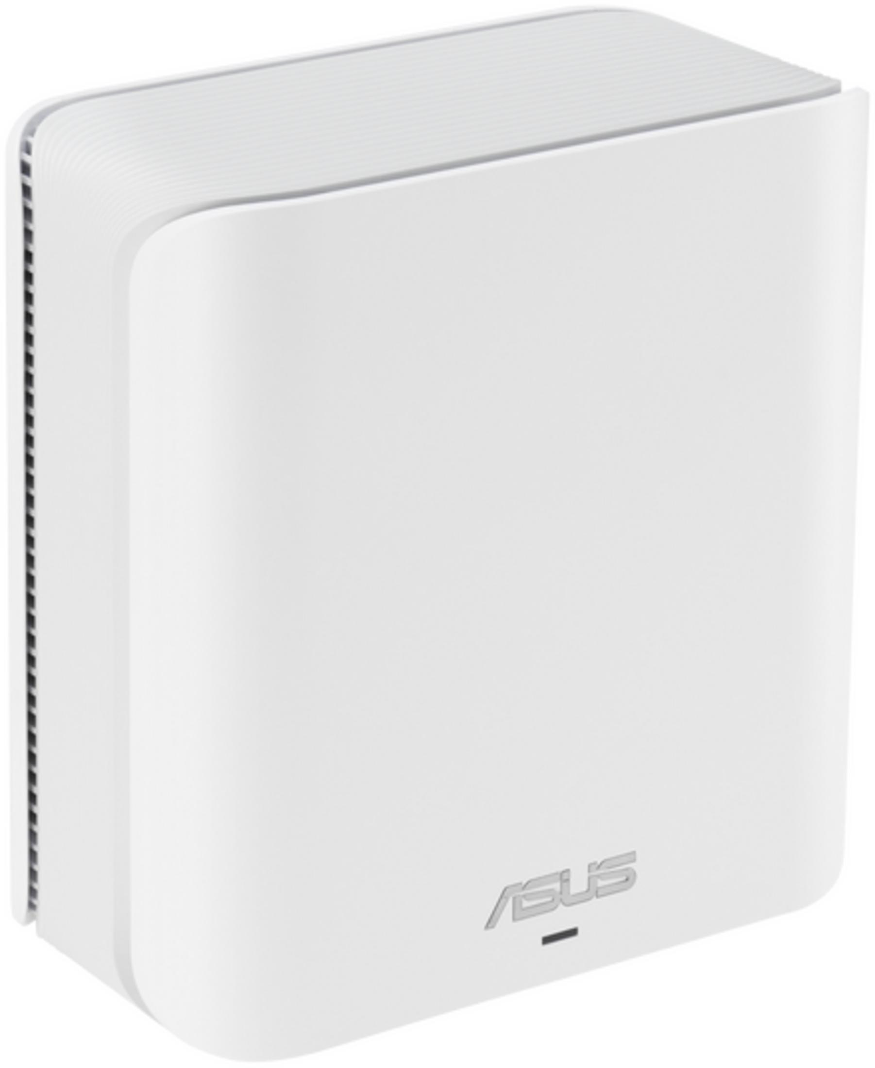 Ein weißer ASUS Router mit Lüftungsschlitzen an den Seiten und dem Logo.