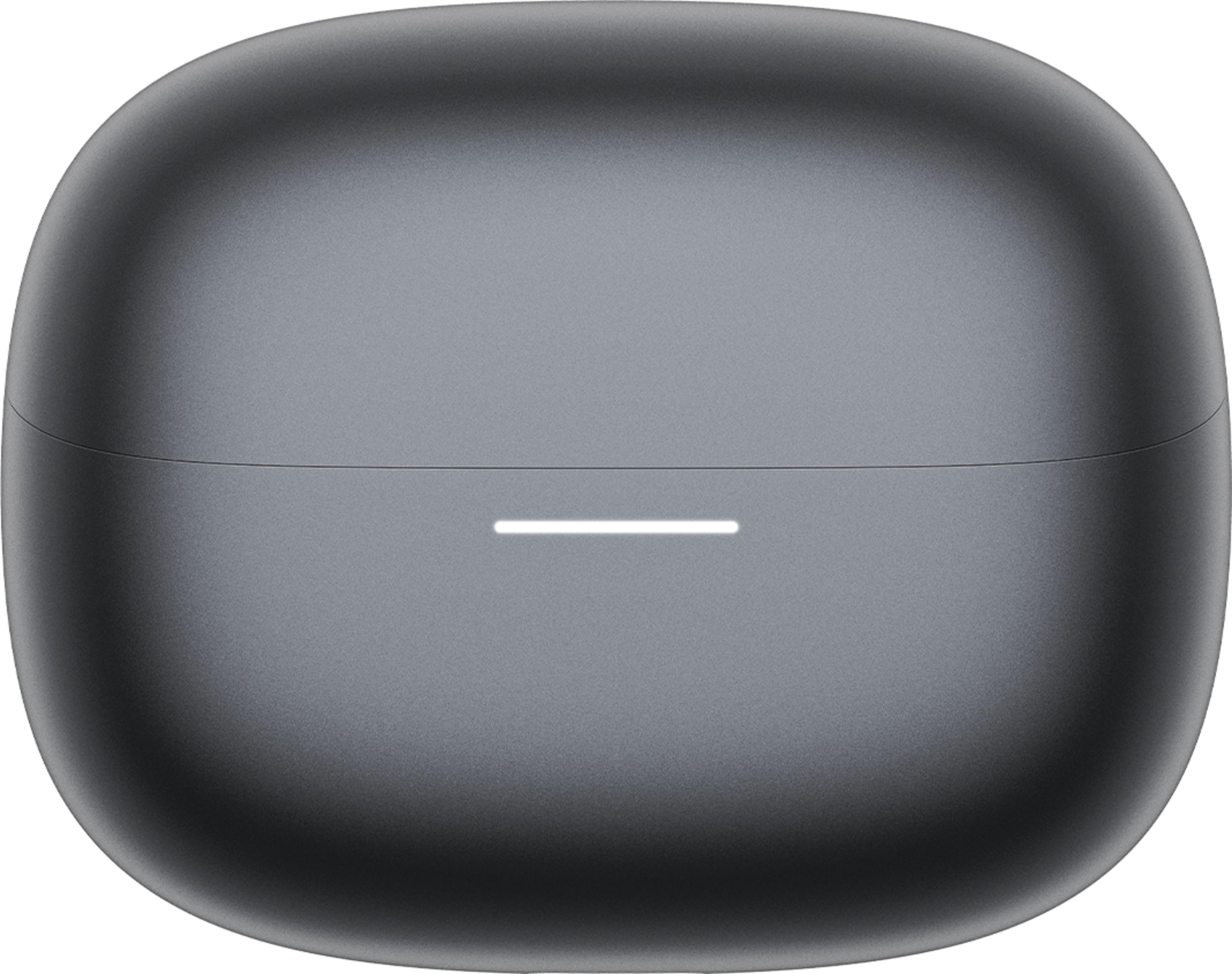 Gray earbud charging case with a glowing horizontal light strip.