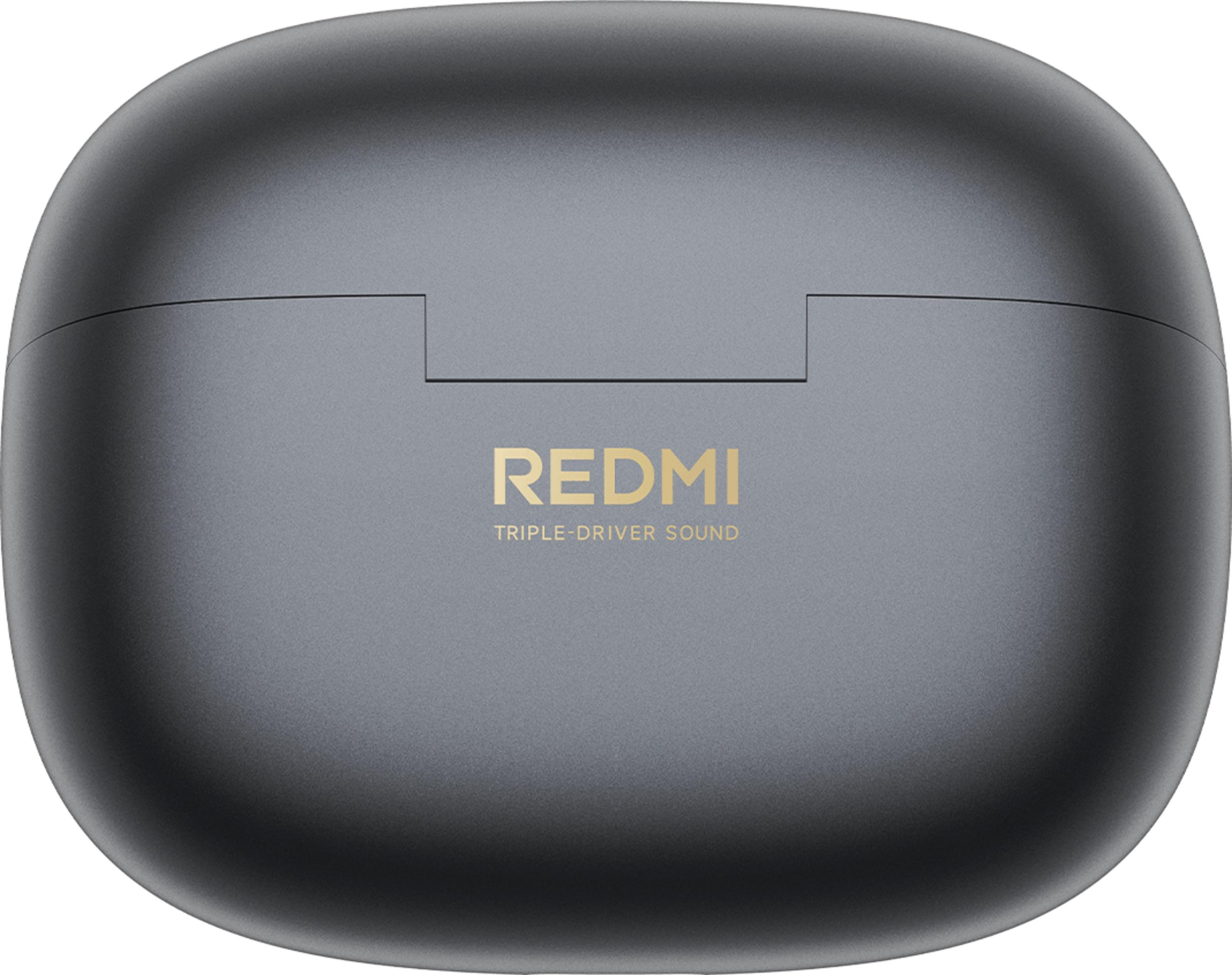 Gray earbud case with gold "REDMI" lettering.