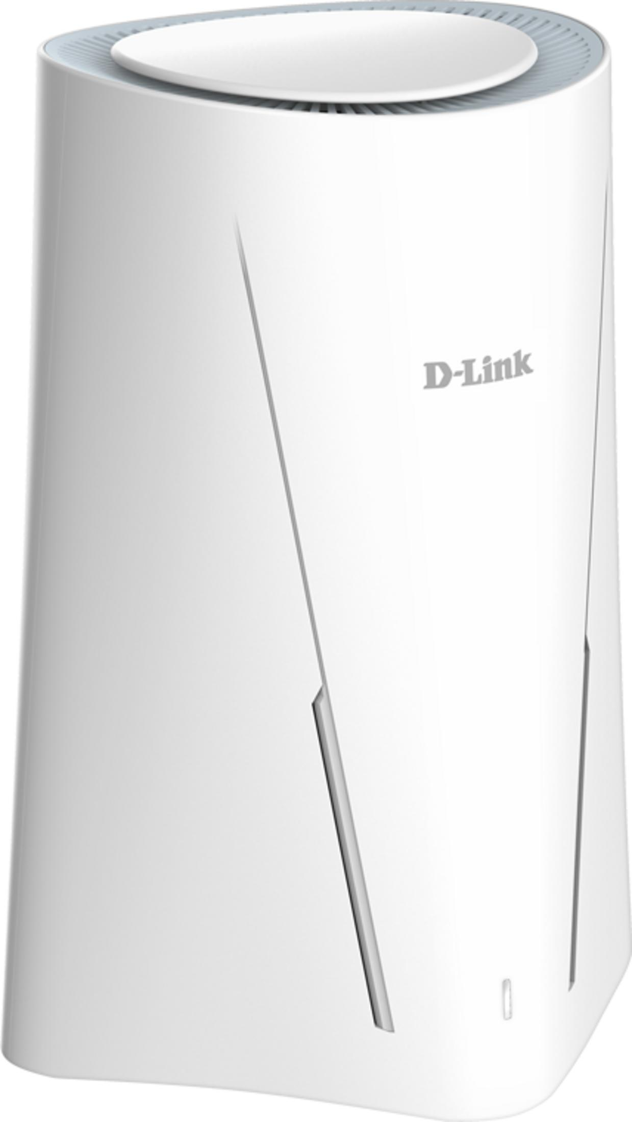Un router D-Link bianco con prese d'aria in alto e linee angolate.