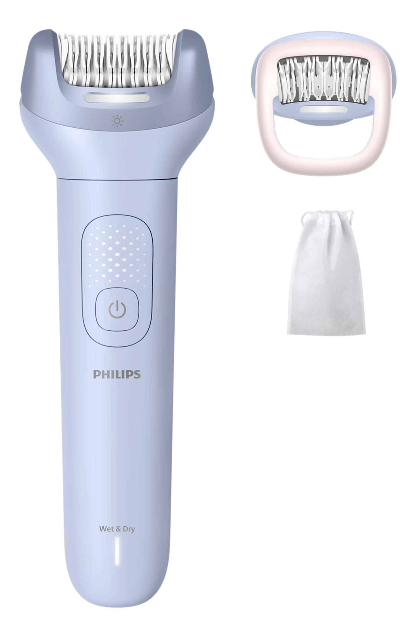 Ein hellblauer Philips Epilierer mit Wet & Dry Funktion und Zubehör.