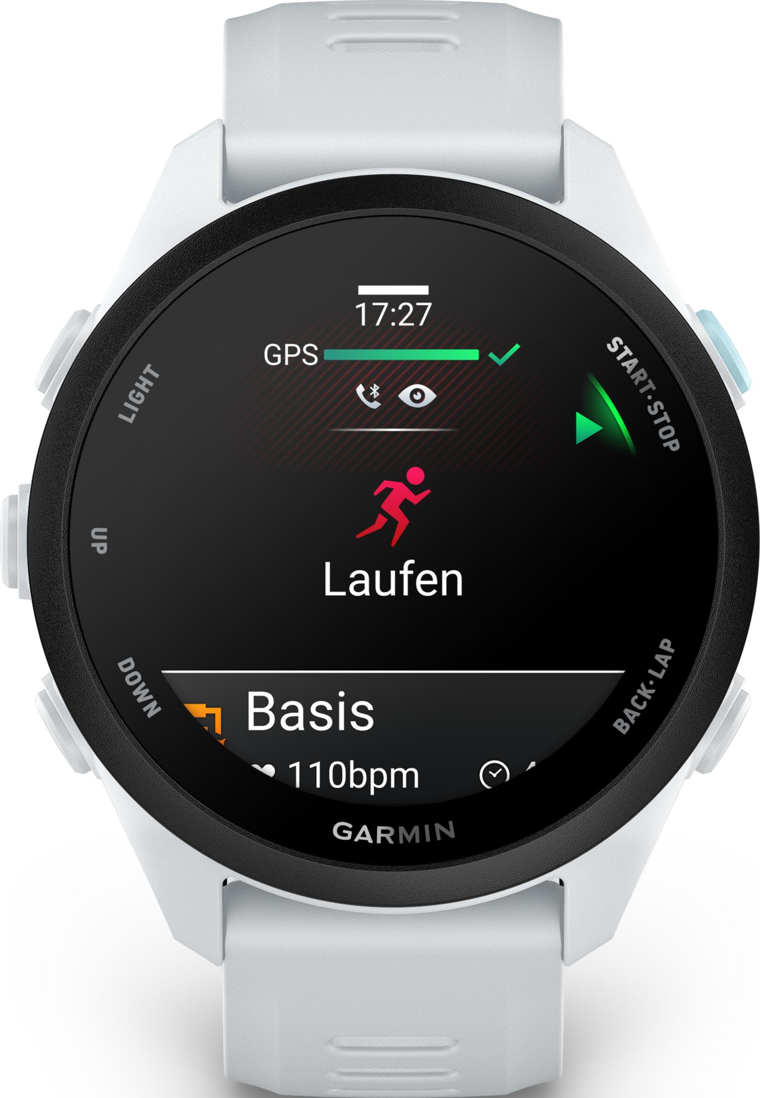 Koşu ekranlı beyaz Garmin akıllı saat: 17:27, GPS, nabız 110 bpm.