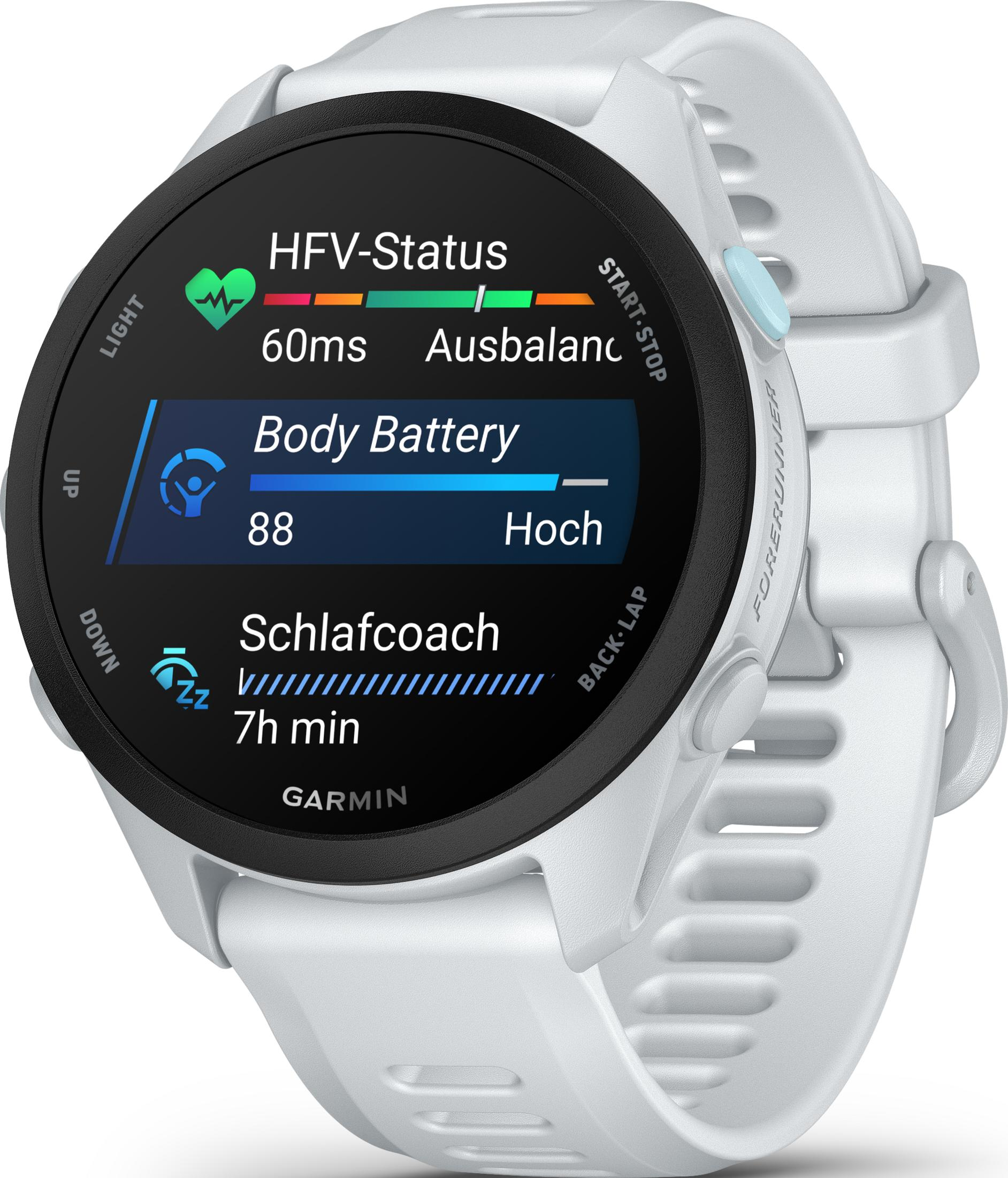 Ekranında sağlık verileri gösteren beyaz Garmin Forerunner akıllı saat.