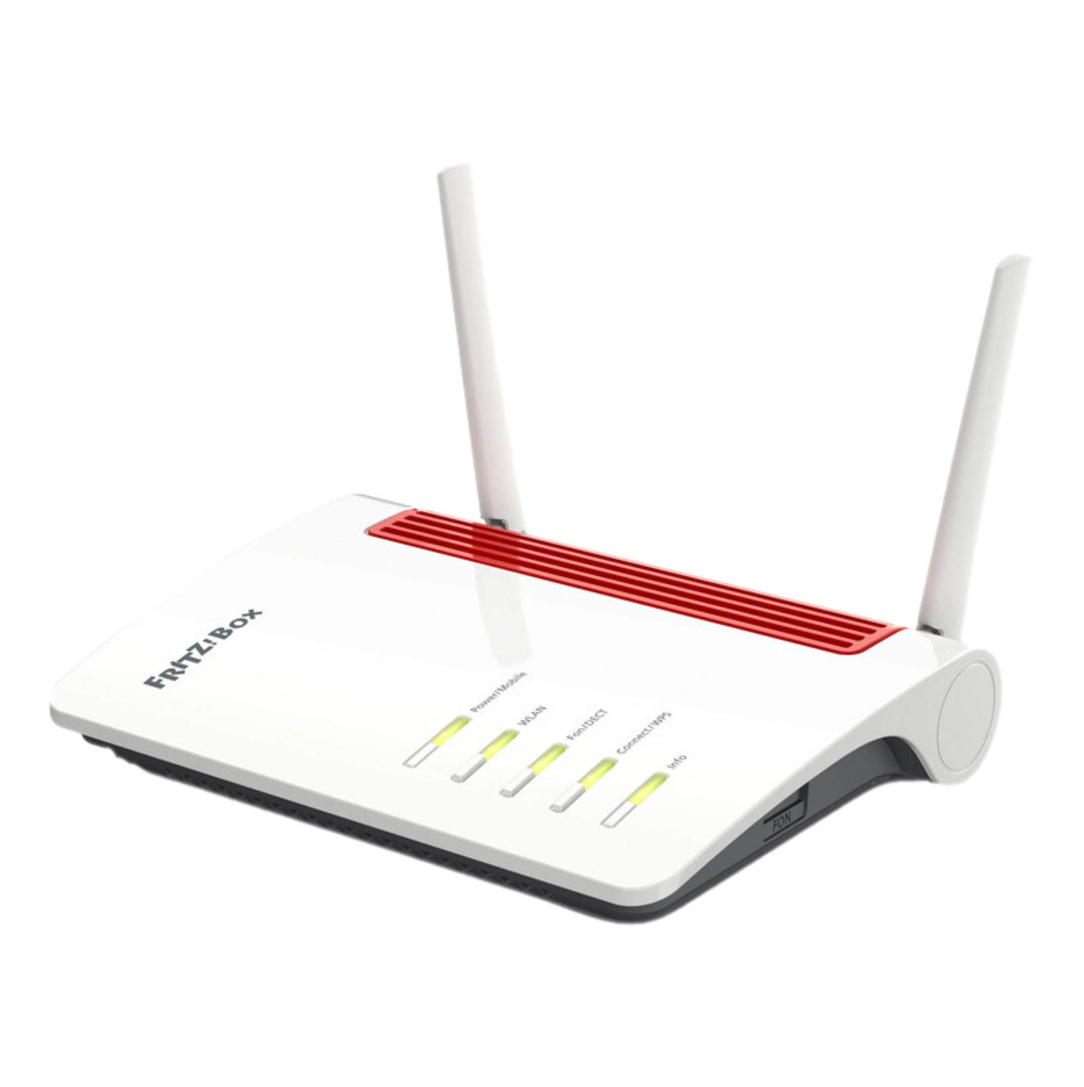 Ein weißer Fritz!Box Router mit roten Akzenten und Antennen.