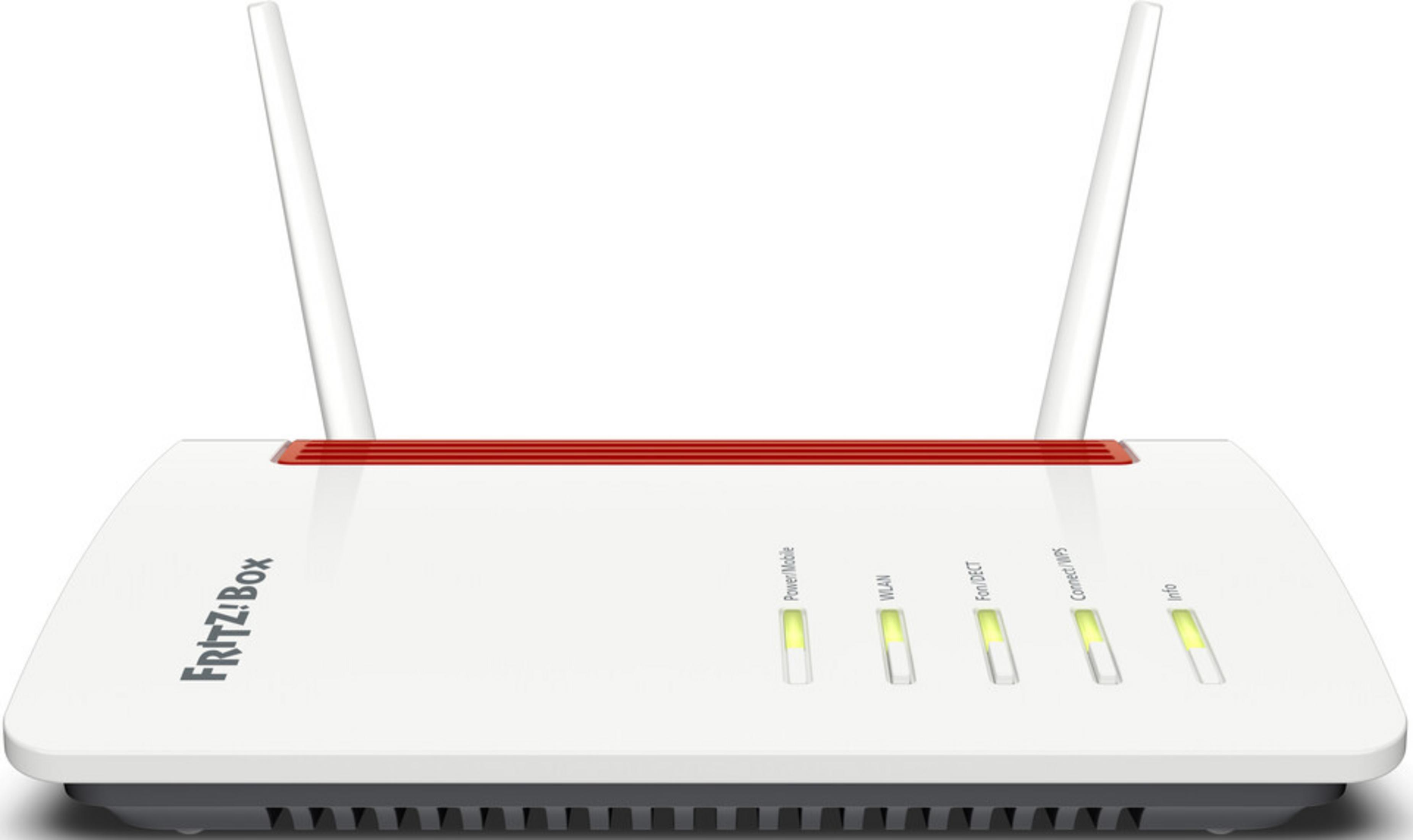 Ein weißer Fritz!Box Router mit zwei Antennen und leuchtenden LEDs.