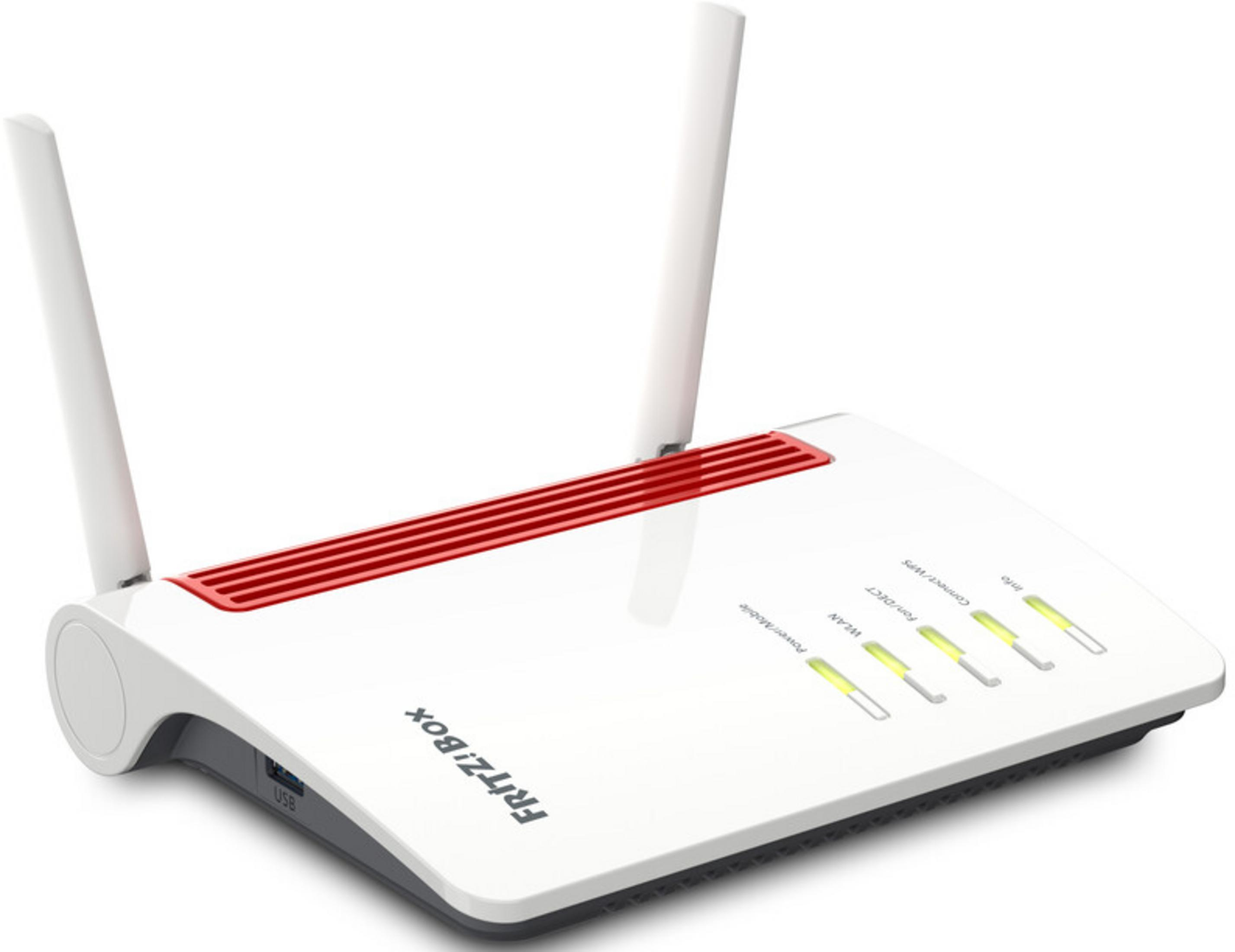 Ein weier Fritz!Box Router mit zwei Antennen und roten Akzenten.
